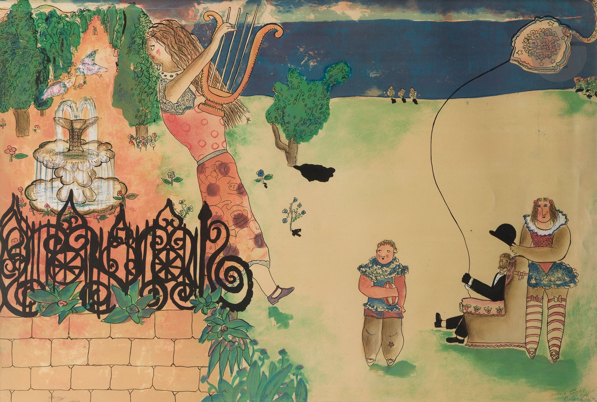 Cícero Dias (brésilien, 1907-2003) 
Près de la fontaine. Vers 1985. Lithographie. À vue: 955x645. Impression en couleurs. Belle épreuve sur vélin, annotée «Bon à tirer» et signée au crayon. Cadre.