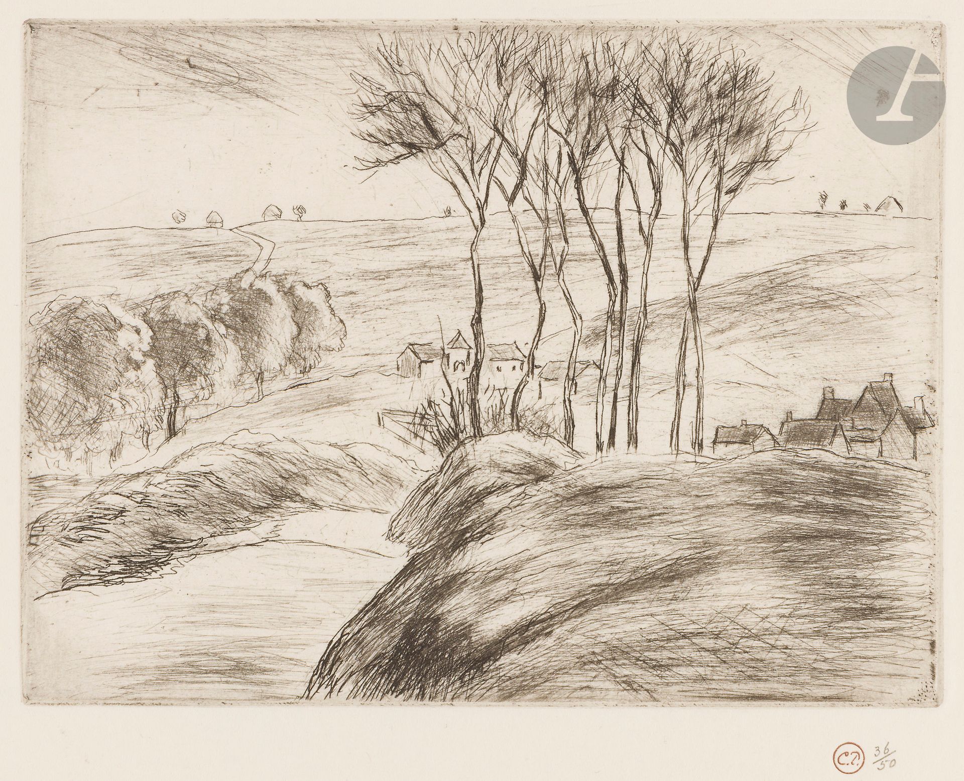 Camille Pissarro (1830-1903)
Paysage à Osny. 1887. Pointe sèche. 155 x 114. Delteil 70. Parfaite épreuve, l’une des 40 sur vergé blanc mince filigrané «J Whatman», du tirage de 1920, timbrée (Lugt 613f) et numérotée au crayon (outre les tirages à 100 épreuves pour L’Estampe originale de 1894 ; à 10 autres épreuves du vivant de l’artiste et à 10 épreuves posthumes sur japon). Toutes marges.