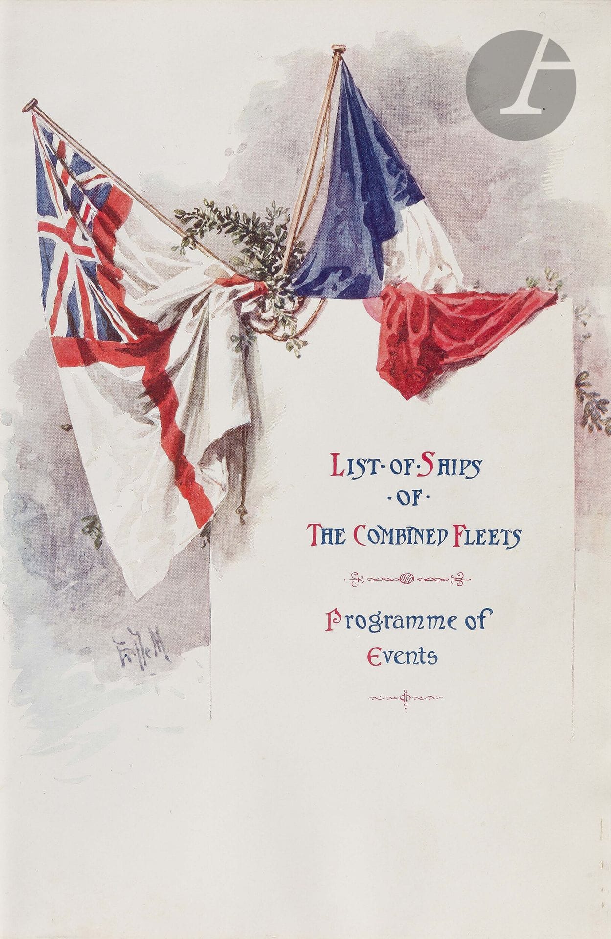 VISIT OF THE FRENCH FLEET. August, 1905.
London, printed by Eyre and Spottiswoode, 1905.
Ouvrage in-8, (8 pp. dont 4 avec rectos blancs). Veau noir, dos lisse, dentelle, titre et armes dorées d’Édouard VIII d’Angleterre dorés. Doublure et gardes moirées (reliure de l’éditeur).
On joint : POSITIONS OF THE FRENCH AND BRITISH FLEETS in the Solent from the 7th to 9th August 1905. London, published at the Admiralty, 1st August 1905.
Carte imprimée en couleurs in-folio (mouillures). The Solent est le nom du bras de mer séparant l’île de Wight de la Grande-Bretagne, et où se déroula la rencontre des deux flottes.