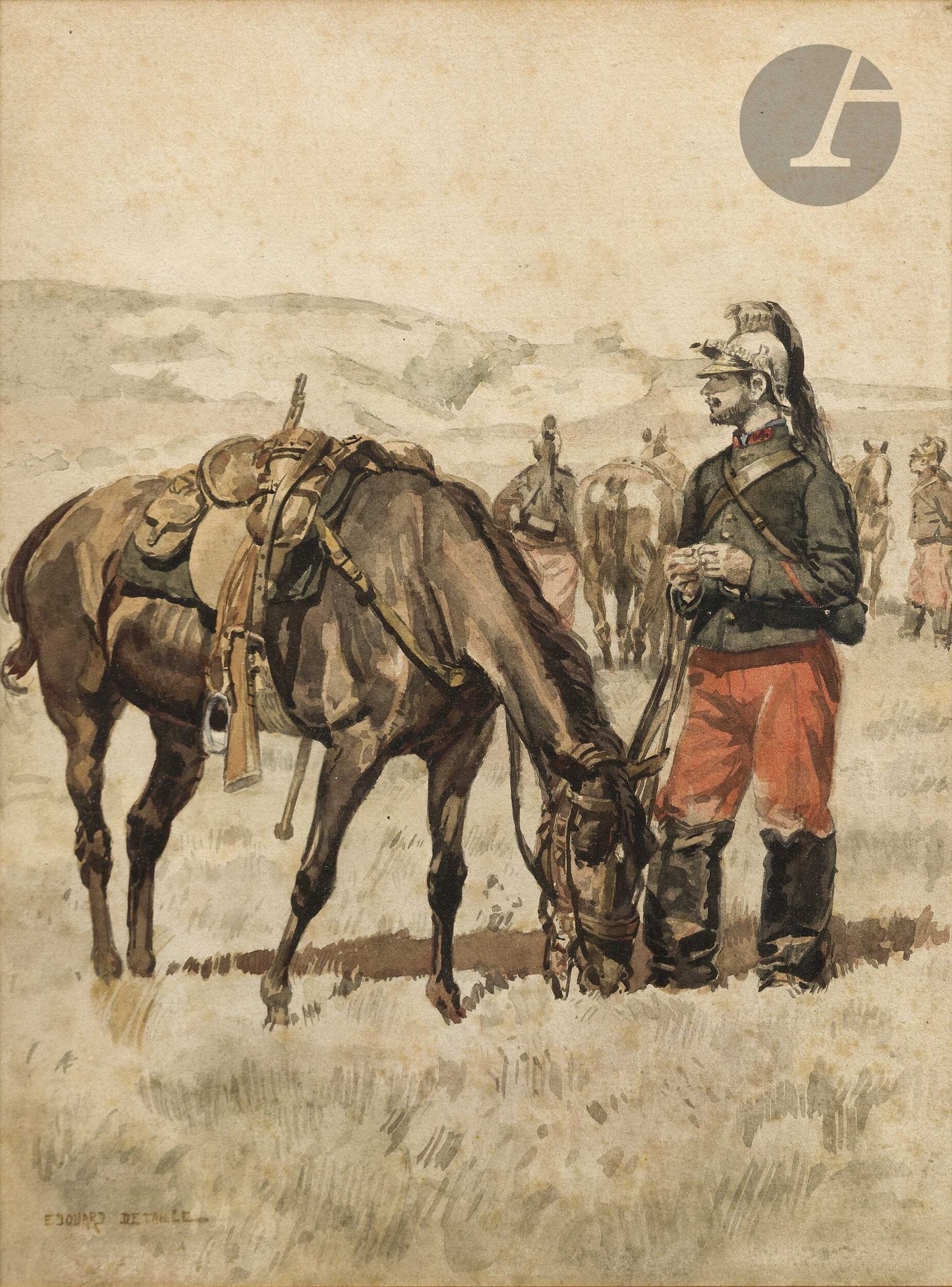 Édouard DETAILLE (1848-1912)
École française. 
Dragon et sa monture, vers 1875
Aquarelle signée en bas à gauche. 
30 x 22 cm
Encadrée sous verre. 
A.B.E.