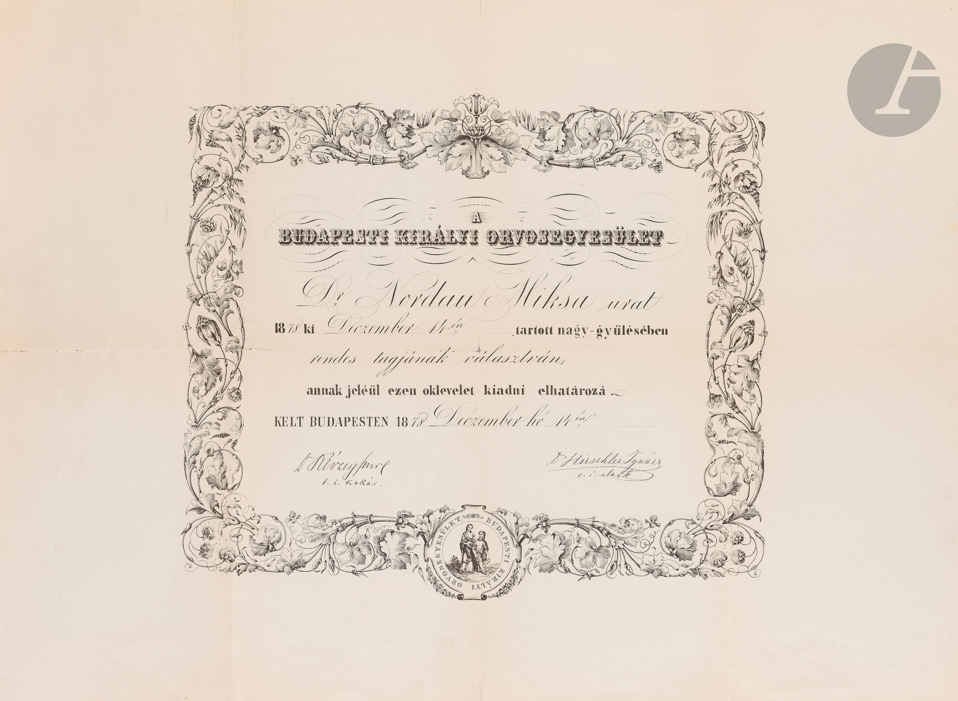 °[NORDAU] 
Diplôme de la Budapest Royal Medical Association décerné au Dr Nordau, le 14 décembre 1878
1 p. in-plano, 63,5 x 46 cm, plis ouverts restaurés.
Diplômé en médecine, Nordau devient journaliste et figure du mouvement sioniste.







Mots clés :
judaïca, juif, juive, hébreux, rabbins, jewish, torah, hebrew, hebraica, judaisme, synagogue, sionisme, pessah, pessach, haggada, haggadah, hagada, hagadah, passover, menora, menorah, hannuka, hannuca, hannoucca, hanouccah, torah, juden, israélite, Israël, antisemitism, antisémitisme, dreyfus, meguila, sepharade, sefarad, ketouba