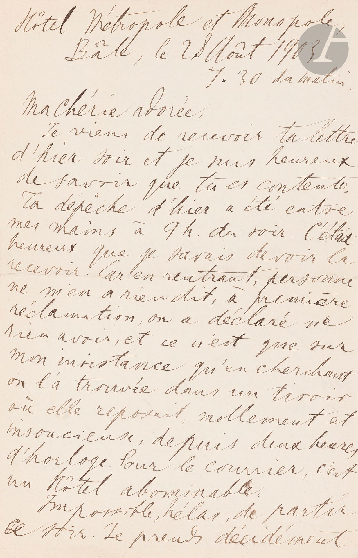 °[NORDAU - CONGRÈS SIONISTE] Max NORDAU (1849-1923)  
7e Congrès sioniste de Bâle 
L.A.S. située à Bâle et datée du 28 août 1903. 
4 pp., in-12. 
Lettre dans laquelle Nordau décrit de façon virulente la folie qui s’empare des participants au congrès à l’approche de sa fin : « il souffle sur toutes ces têtes contorsionnées (sic) un vent de folie hideuse. Hier j’ai présidé de 3 h à 9h 1/2 du soir, puis je me suis simplement sauvé, car j’ai senti que je prendrais le marteau et le jetterai à la tête des fous, comme déjà plusieurs fois je les avais abreuvés d’injures. J’ai la satisfaction de voir que je suis maintenant l’homme le mieux haï du Congrès ». « En sortant, je devrai sans doute...me faire raser par m. Slousch et m. Sokoloff puis prendre congé des quelques amis pas complètement fous ».







Mots clés :
judaïca, juif, juive, hébreux, rabbins, jewish, torah, hebrew, hebraica, judaisme, synagogue, sionisme, pessah, pessach, haggada, haggadah, hagada, hagadah, passover, menora, menorah, hannuka, hannuca, hannoucca, hanouccah, torah, juden, israélite, Israël, antisemitism, antisémitisme, dreyfus, meguila, sepharade, sefarad, ketouba