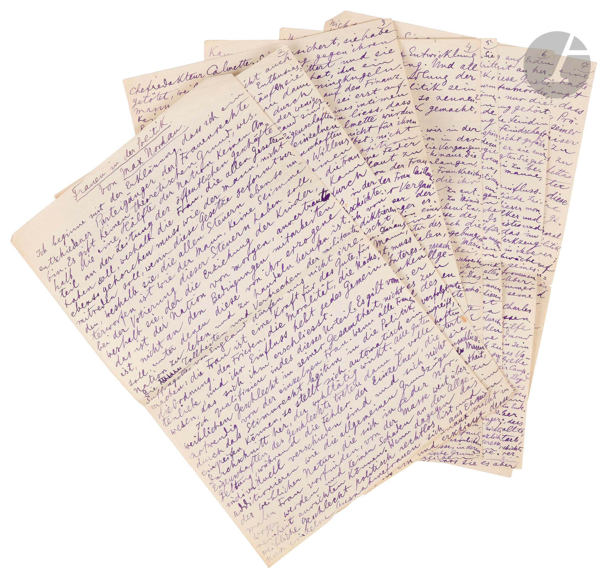 °[MANUSCRIT] Max NORDAU (1849-1923)
Frauen in der Politik
Manuscrit autographe titré et signé. Texte en allemand.
7 p. numérotées, 21 x 13,6 cm
Long texte manuscrit dans lequel Nordau s’interroge sur les droits des femmes en politique et en particulier sur le droit de vote, à propos duquel il conclut dans le dernier paragraphe :
« Tous les enseignements de l’histoire convergent vers cette morale : laissez la femme faire de la politique avec son bulletin de vote, mais pas avec un poignard et un revolver ».








Mots clés :
judaïca, juif, juive, hébreux, rabbins, jewish, torah, hebrew, hebraica, judaisme, synagogue, sionisme, pessah, pessach, haggada, haggadah, hagada, hagadah, passover, menora, menorah, hannuka, hannuca, hannoucca, hanouccah, torah, juden, israélite, Israël, antisemitism, antisémitisme, dreyfus, meguila, sepharade, sefarad, ketouba