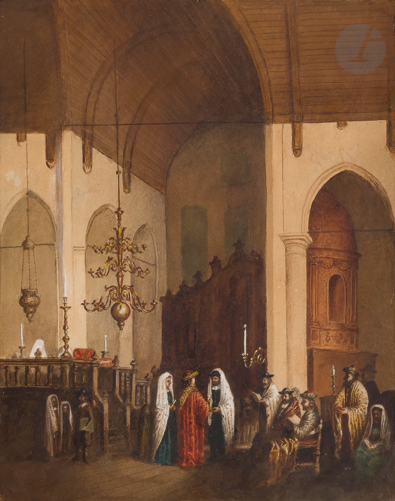 °Johannes Bosboom (1817-1891) (d’après) 
Un mariage juif à la synagogue 
Aquarelle sur papier.
45 x 35 cm







Mots clés :
judaïca, juif, juive, hébreux, rabbins, jewish, torah, hebrew, hebraica, judaisme, synagogue, sionisme, pessah, pessach, haggada, haggadah, hagada, hagadah, passover, menora, menorah, hannuka, hannuca, hannoucca, hanouccah, torah, juden, israélite, Israël, antisemitism, antisémitisme, dreyfus, meguila, sepharade, sefarad, ketouba