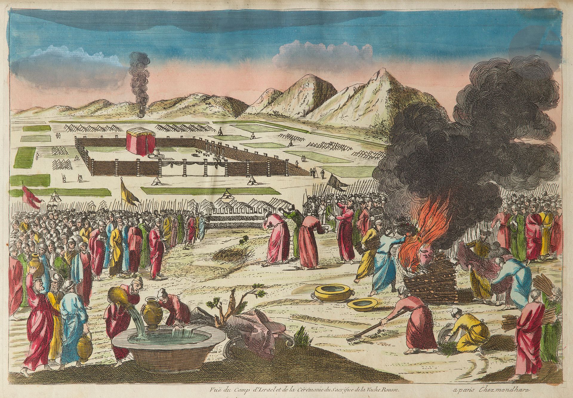 °[VUE D’OPTIQUE] 
Vue du camp d’Israël et de la cérémonie du sacrifice de la vache rousse. Paris Mondhare. Deuxième moitié du XVIIe siècle. 
Gravure sur cuivre avec rehauts d’aquarelle.
30 x 42,5 cm
Cadre.







Mots clés :
judaïca, juif, juive, hébreux, rabbins, jewish, torah, hebrew, hebraica, judaisme, synagogue, sionisme, pessah, pessach, haggada, haggadah, hagada, hagadah, passover, menora, menorah, hannuka, hannuca, hannoucca, hanouccah, torah, juden, israélite, Israël, antisemitism, antisémitisme, dreyfus, meguila, sepharade, sefarad, ketouba