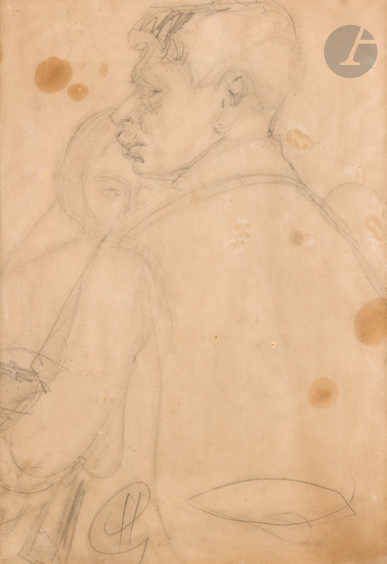 Henryk BERLEWI (1894-1967) (?)
Couple, 1917
Crayon noir sur papier.
32 x 22,5 cm (à vue)
(Mouillures, plis et usures).
Cadre.
Provenance : ancienne collection Mendel Mann.