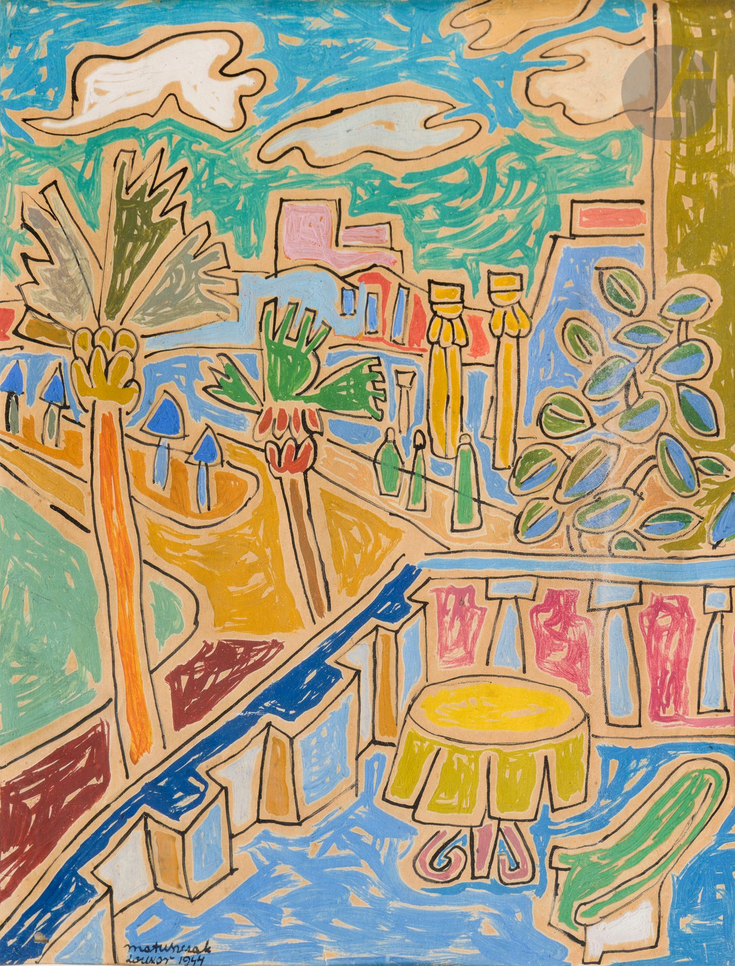 Edward MATUSZCZAK (1906-1965) 
Louxor, 1944 
Gouache et encre sur papier. 
Signée et datée en bas à gauche. 
27 x 21 cm 
Provenance : Acquis directement auprès de la famille de l’artiste par les parents de l’actuel propriétaire.
Pour décrire ce paysage, Matuszczak fait usage de formes géométriques et d’aplats de couleurs, délimités par des lignes noires.







Mots clés :
judaïca, juif, juive, hébreux, rabbins, jewish, torah, hebrew, hebraica, judaisme, synagogue, sionisme, pessah, pessach, haggada, haggadah, hagada, hagadah, passover, menora, menorah, hannuka, hannuca, hannoucca, hanouccah, torah, juden, israélite, Israël, antisemitism, antisémitisme, dreyfus, meguila, sepharade, sefarad, ketouba