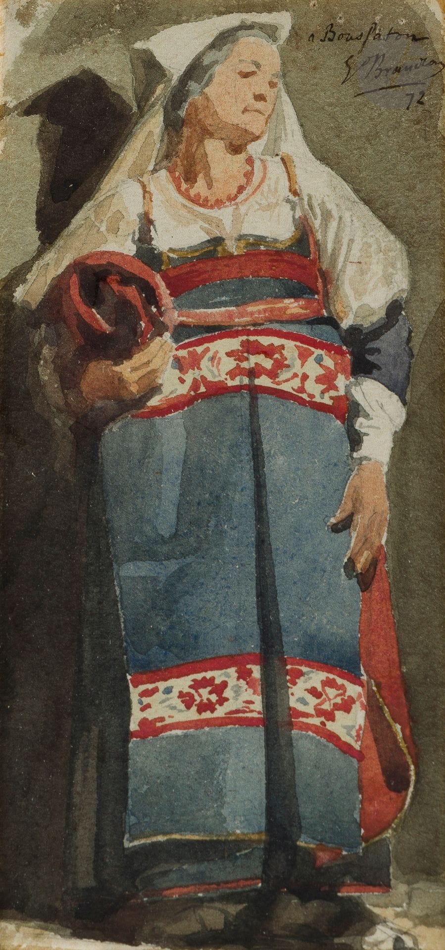 °Édouard BRANDON (1831-1897)
Femme en habit traditionnel
Aquarelle.
Signée en haut à droite et datée 72.
16,5 x 7,5 cm (à vue)
Cadre.
Provenance : Collection Kupfer.







Mots clés :
judaïca, juif, juive, hébreux, rabbins, jewish, torah, hebrew, hebraica, judaisme, synagogue, sionisme, pessah, pessach, haggada, haggadah, hagada, hagadah, passover, menora, menorah, hannuka, hannuca, hannoucca, hanouccah, torah, juden, israélite, Israël, antisemitism, antisémitisme, dreyfus, meguila, sepharade, sefarad, ketouba