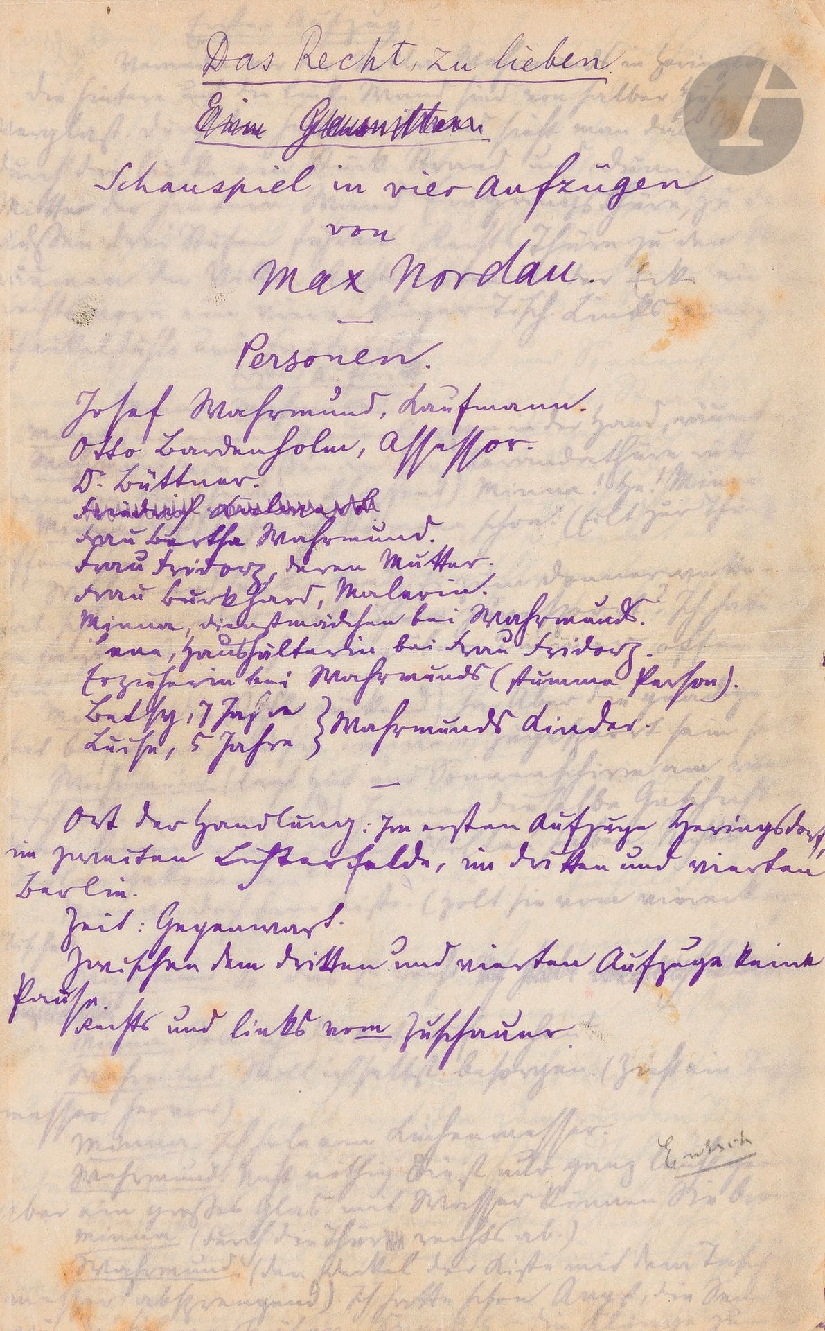 °[MANUSCRIT] Max NORDAU (1849-1923)
Das Recht zu lieben, Schauspiel in vier Aufzügen
Manuscrit autographe titré et signé.
Porte en allemand la mention suivante :
Paru en avril 1894
À l’affiche :
- Copenhague, Kgl Theater, 13 mars 1892
- Allemagne : Berlin, Lessing Theater, 12 août 1893
Un volume in-quarto de 70 pp. numérotées sur papier pelure dont seuls les rectos sont utilisés, montées sur onglets.
Reliure demi-maroquin rouge à dos muet.
Manuscrit de premier jet. De nombreuses ratures et corrections jalonnent le texte.
Dans cette comédie de mœurs, parue en français sous le titre « Le droit d’aimer », Max Nordau analyse avec finesse, et en fin moraliste, le mariage et l’amour frelaté qui le menace.








Mots clés :
judaïca, juif, juive, hébreux, rabbins, jewish, torah, hebrew, hebraica, judaisme, synagogue, sionisme, pessah, pessach, haggada, haggadah, hagada, hagadah, passover, menora, menorah, hannuka, hannuca, hannoucca, hanouccah, torah, juden, israélite, Israël, antisemitism, antisémitisme, dreyfus, meguila, sepharade, sefarad, ketouba
