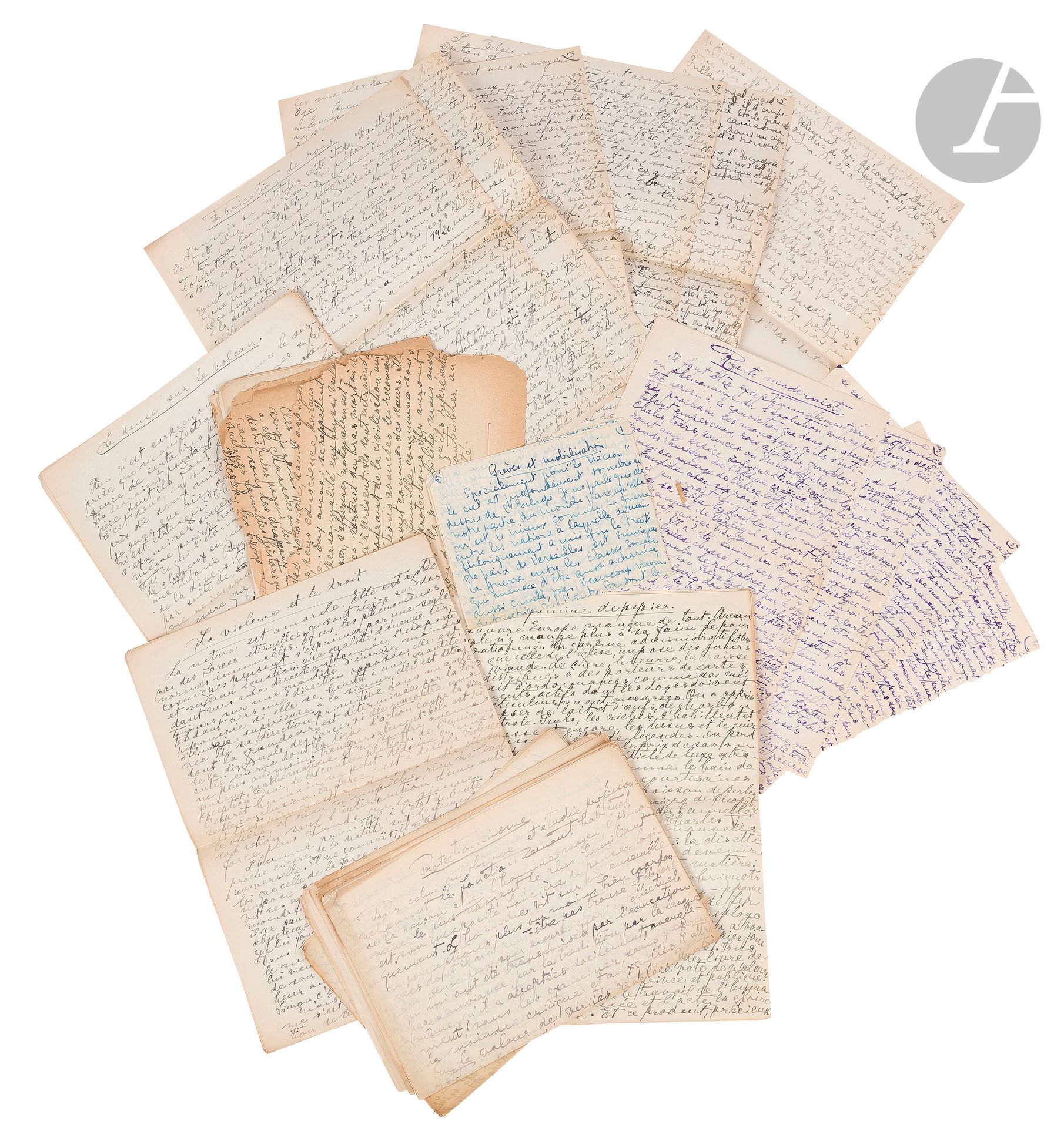 NORDAU - POLITICS] Max NORDAU (1849-1923)
Important set of manuscripts:
- An incident in the Russian revolution. Titled autograph manuscript, marked "Max Nordau", 10 pp. numbered, in-4.
- Twilight of the Kings. Titled autograph manuscript, marked "Madrid". 7 pp. numbered, in-4.
- Making kings. Autograph manuscript, titled and signed. Mentioned "Madrid, August 17". 7 pp. in-4.
- Modernist royalty. Titled autograph manuscript. 7 pp. in-8.
- Protectionism. Titled autograph manuscript. 7 pp. numbered, in-4.
- Strikes and mobilization. Especially for La Nacion. Titled autograph manuscript. 10 pp. numbered, in-8.
- Violence and the law. Titled autograph manuscript. 7 pp. in-4.
- Paper famine. Autograph manuscript signed and titled. Madrid, October 1, 1917.
- The conscience of a man - Autograph manuscript titled. 7 pp. in-4.
- The Bankruptcy of Liberalism - Titled autograph manuscript. 7 pp. in-4.
- Les détachés. Titled autograph manuscript, on the Roald Amundsen expedition. 6 pp. in-4.
- The dance on the volcano. Titled autograph manuscript. 7 pp. in-4.
Enclosed:
A torn autograph manuscript in poor condition.







Keywords:
judaica, jew, jewish, hebrew, rabbis, jewish, torah, hebrew, hebraica, judaism, synagogue, zionism, pessah, pessach, haggada, haggadah, hagada, hagadah, passover, menora, menorah, hannuka, hannuca, hannucca, hanouccah, torah, juden, israélite, Israël, antisemitism, antisémitisme, dreyfus, meguila, sepharade, sefarad, ketouba