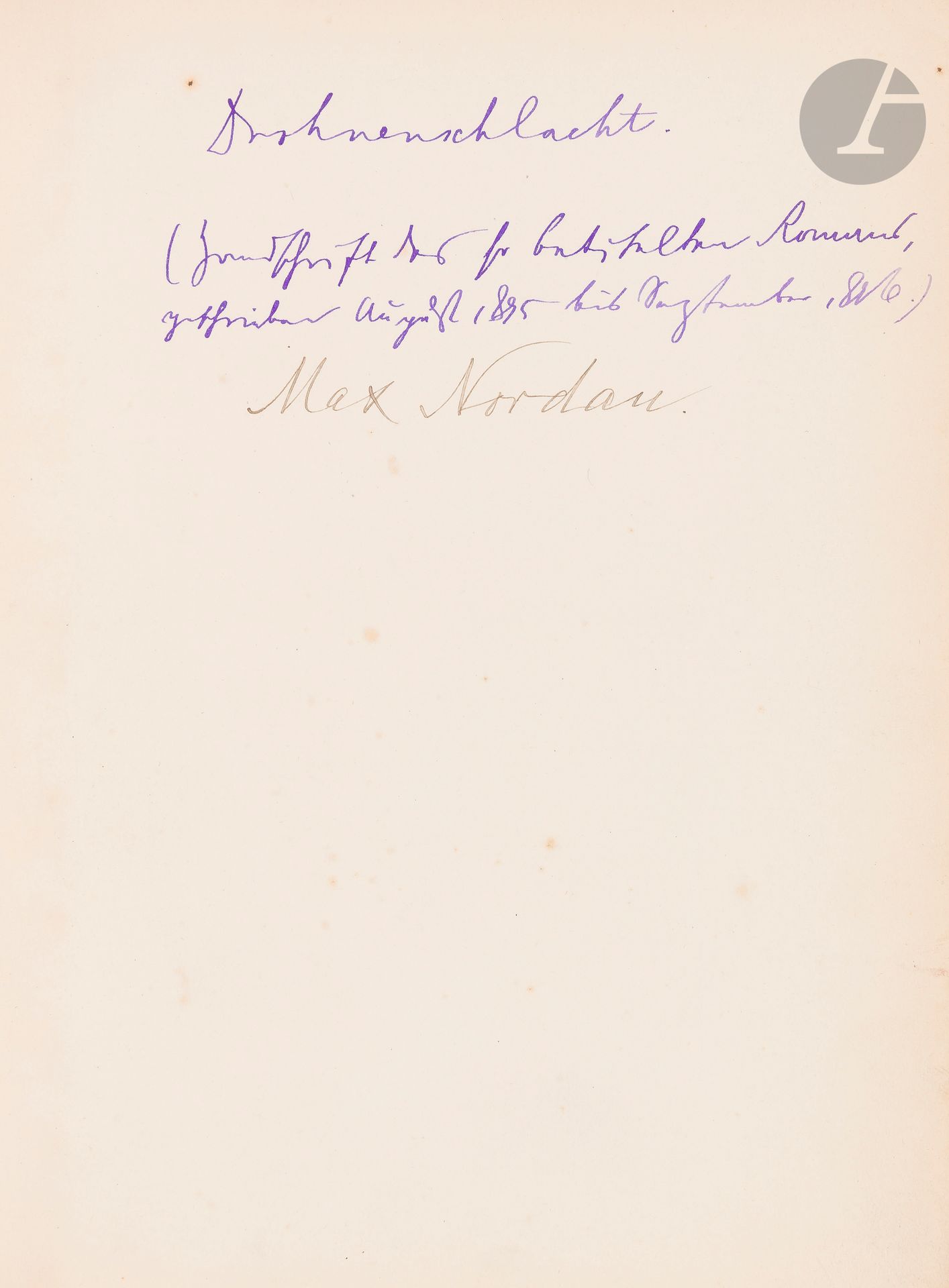 °[MANUSCRIT] Max NORDAU (1849-1923)
Die Drohnenschlacht
Manuscrit autographe signé.
Un volume in-quarto de 410 pp. numérotées sur papier pelure dont seuls les rectos sont utilisés, montées sur onglets.
Reliure demi-maroquin rouge à dos lisse muet.
Important manuscrit de premier jet. 
De nombreuses ratures et corrections jalonnent le texte.







Mots clés :
judaïca, juif, juive, hébreux, rabbins, jewish, torah, hebrew, hebraica, judaisme, synagogue, sionisme, pessah, pessach, haggada, haggadah, hagada, hagadah, passover, menora, menorah, hannuka, hannuca, hannoucca, hanouccah, torah, juden, israélite, Israël, antisemitism, antisémitisme, dreyfus, meguila, sepharade, sefarad, ketouba