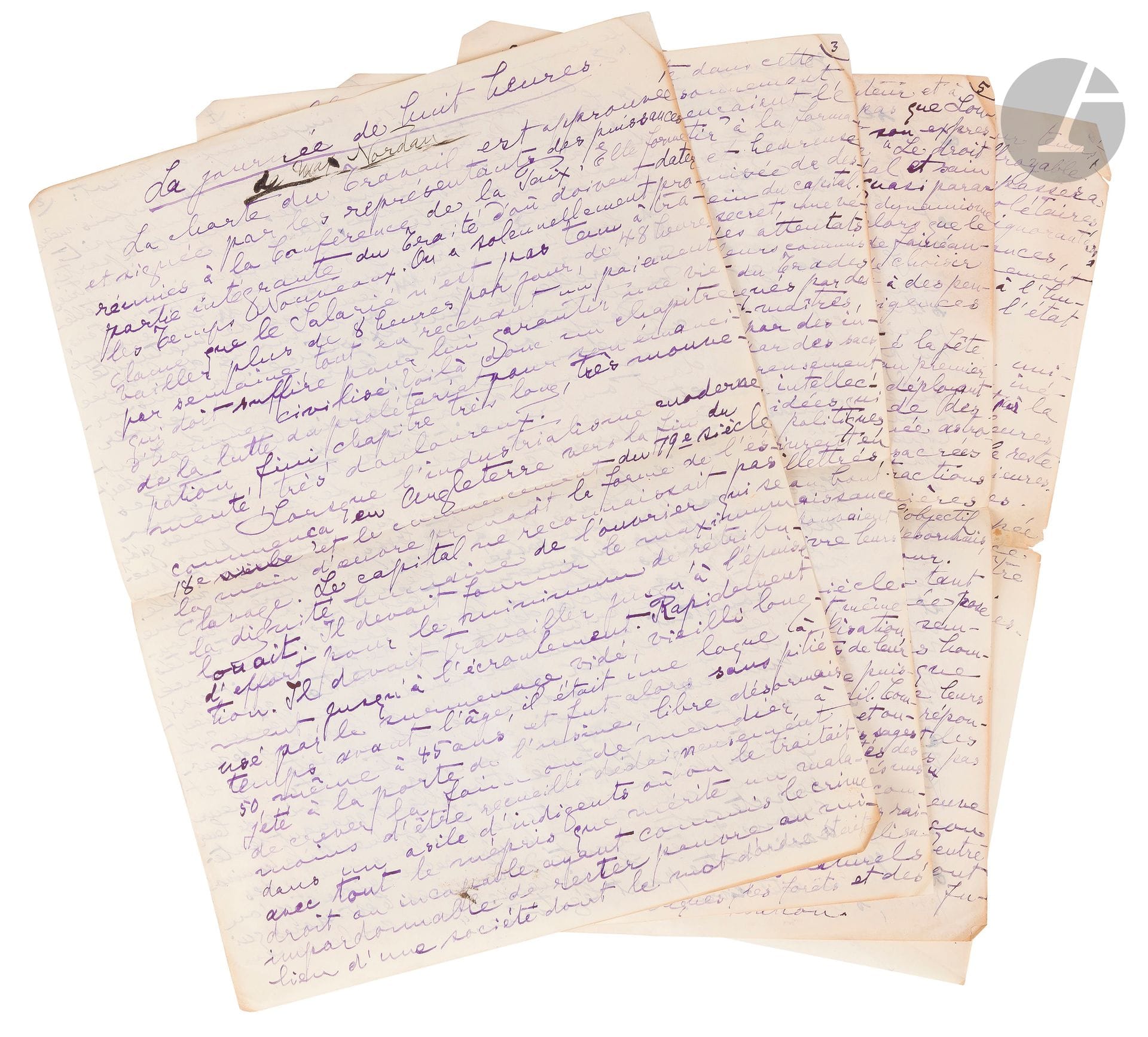 °[MANUSCRITS] Max NORDAU (1849-1923)
La journée de huit heures, circa 1919.
Manuscrit autographe titré, signé d’une encre différente. Texte en français.
7 pp. recto verso numérotées, écrites d’une écriture dense, 27 x 21 cm
Article très développé sur l’émancipation du prolétariat, la conquête des « trois huit » et les dangers du bolchévisme si les ouvriers ne sont pas éduqués.







Mots clés :
judaïca, juif, juive, hébreux, rabbins, jewish, torah, hebrew, hebraica, judaisme, synagogue, sionisme, pessah, pessach, haggada, haggadah, hagada, hagadah, passover, menora, menorah, hannuka, hannuca, hannoucca, hanouccah, torah, juden, israélite, Israël, antisemitism, antisémitisme, dreyfus, meguila, sepharade, sefarad, ketouba