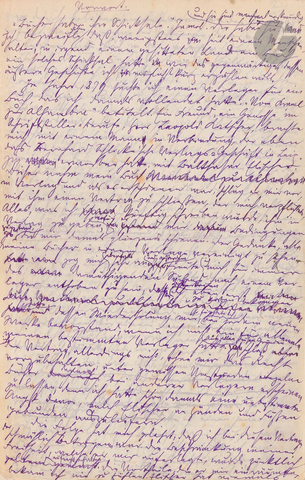 °[MANUSCRIT - NORDAU] Max NORDAU (1849-1923)
Die Krankheit des Jahrhunderts
Manuscrit autographe titré et signé.
Un volume in-quarto de 268 pp. numérotées sur papier pelure dont seuls les rectos sont utilisés et montées sur onglets. Reliure demi-cuir.
De nombreuses ratures et corrections jalonnent le texte. 
Important manuscrit de premier jet.
Cette œuvre, La maladie du siècle, est parue en 1887. Elle fait partie du corpus des œuvres dans lesquelles Nordau analyse les pathologies mentales et morales de la civilisation moderne. Rédigé sous la forme d’un roman, ce livre explore les thèmes de la mélancolie, du désenchantement, et de la décadence morale dans la société européenne du XIXe siècle. Max Nordau y dépeint une génération perdue et critique la perte des valeurs traditionnelles ainsi que l’essor du matérialisme et du pessimisme.







Mots clés :
judaïca, juif, juive, hébreux, rabbins, jewish, torah, hebrew, hebraica, judaisme, synagogue, sionisme, pessah, pessach, haggada, haggadah, hagada, hagadah, passover, menora, menorah, hannuka, hannuca, hannoucca, hanouccah, torah, juden, israélite, Israël, antisemitism, antisémitisme, dreyfus, meguila, sepharade, sefarad, ketouba