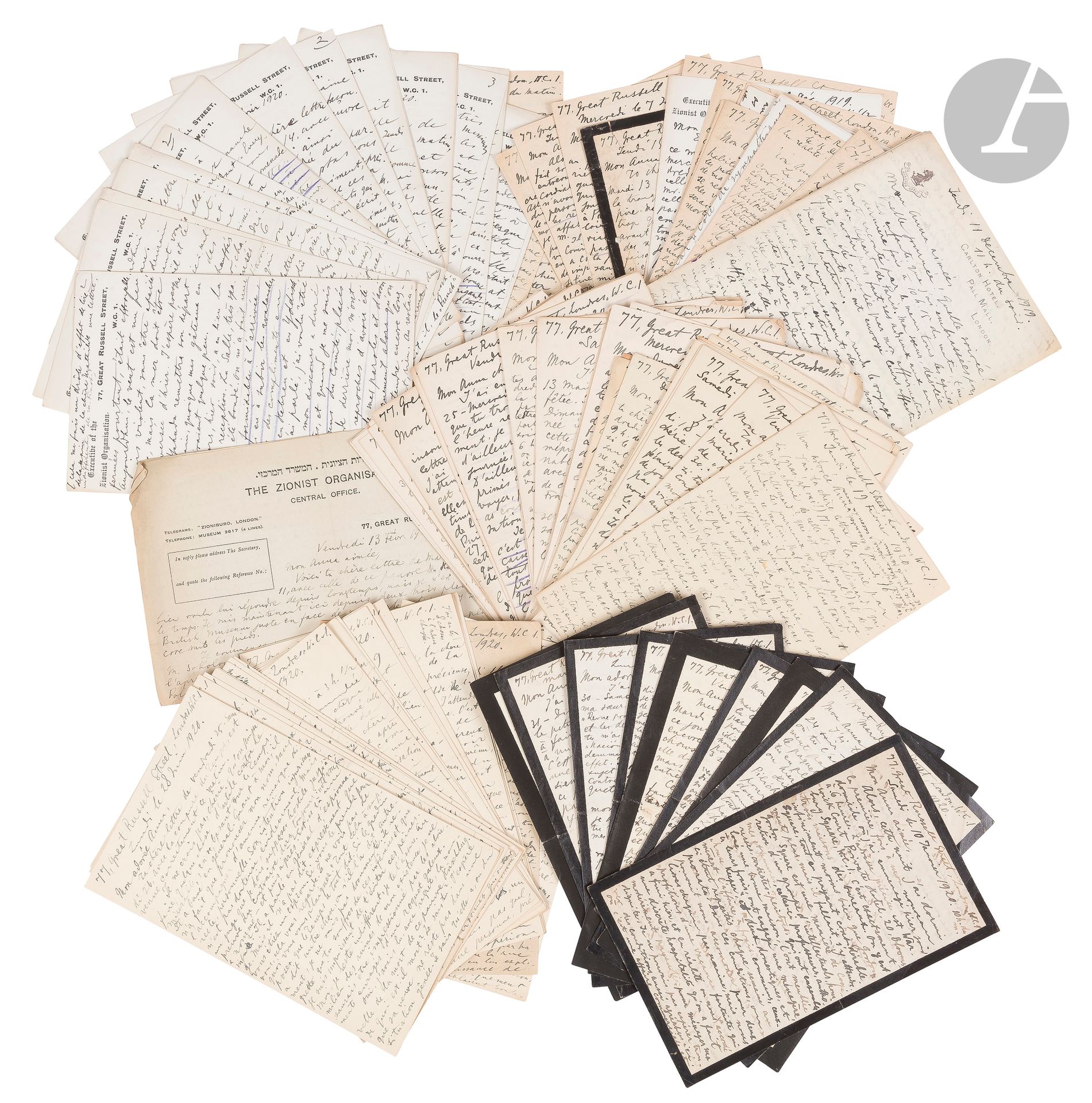 °[NORDAU - SIONISME] Max NORDAU (1849-1923)
Importante correspondance adressée à sa femme plus de 80 lettres autographes, signées pour la plupart et rédigées pour la plupart sur 4 pp. In-12. Certaines sur papier à en-tête de l’Executive of the Zionist Organisation. 
Datées du 5 janvier 1919 au 23 juillet 1920 et pour la plupart localisées au 77 Great Russell street, London.
Cette correspondance, qui alterne le récit prosaïque du jour le jour et le récit de la vie d’un écrivain et homme de théâtre, frappe par sa spontanéité et sa qualité d’écriture. Des informations importantes sur le Sionisme sont mentionnées.
Dans ces lettres, Max Nordau parle tout aussi bien de son quotidien que de son activité d’écrivain et journaliste. Il y évoque aussi son activité sioniste et ses rencontres.
Lettre du 16 déc. 1919 : « …Puis est venu M. Sprinzak qui m’a encore parlé longuement des aspirations des ouvriers juifs de Palestine, puis M. Simon de Mannheim, l’ami le plus intime, paraît-il, de M. Weitzmann, archi-millionnaire... et, à ce qu’on me dit, le plus acharné de mes ennemis dans l’organisation, demandant toujours qu’on me mette au ban de celle-ci.
...mon seul ennemi, l’unique, ce serait M. Clémenceau devant qui ils tremblent tous. Étrange. Le secrétaire ajoute qu’il croit que l’hostilité de M. Clémenceau proviendrait de ce que Léon D. serait depuis de longs mois son âme damnée... ».
Lettre du 19 décembre 1919 : « Pil. (Pilichovski) a beaucoup de talents. Et surtout Apollon et les muses lui ont donné un privilège inappréciable pour un artiste qui veut et doit vendre : il sait embellir son modèle, il sait flatter sans mentir grossièrement... ».
Jeudi 19 février 1920 : « ...les escrocs des arts, les filous du goût et de la beauté sont à cette heure tous cubistes, futuristes ou au moins expressionnistes. En réalité, ils ne sont que des chevaliers d’industrie de l’art ».
Lettre du 24 février 1920 : Famine matrimoniale est une synthèse de tous les phénomènes variés par lesquels se manifeste le retour actuel de l’humanité à la bestialité et de la raison à l’instinct animal : exiguïté du nombre des épouseurs, modes féminines effrontément indécentes, fureur de danses lascives... mode du Bergsonisme qui est l’exposition prétentieuse et galimatiasique de toutes ces tendances. Voilà ».
Lundi 5 janvier 1920 : « ...Je vois avec amusement l’état d’inquiétude approchant de la terreur des grands potentats de la boîte. Ils voient avec un dépit grandissant d’heure en heure que leurs méthodes employées jusqu’à présent ne peuvent plus servir, et s’ingénient à en trouver d’autres. Ils postent plusieurs espions en permanence devant ma porte qui doivent guetter les gens venant chez moi pour les dénoncer aussitôt et pour rendre possible qu’on s’en empare aussitôt pour les chapitrer. Depuis que tous les arrivants ont commencé par me rendre visite, depuis que j’ai parlé 7 quarts d’heure aux Américains, ils n’osent plus parler avec des mines hypocritement soucieuses et apitoyées de ma « maladie », ni affirmer que je suis un vieillard épuisé, pas mal ramolli, bref : gaga, ni répandre que je me désintéresse du Sionisme... ».
Jeudi 10 juin 1920 : « C’est une vilenie générale à Paris, mais les Juifs s’y distinguent particulièrement. Ils se sentent tellement menacés, les malheureux, ils ont si cuisamment conscience du furieux antisémitisme qui les entoure, qu’ils tremblent pitoyablement devant leur propre ombre ».
Mardi 6 juillet : « Donc je conclus de ce que tu m’écris le lendemain qu’il y a toute possibilité de faire en sorte que la chère Mathilde sera heureuse. Je le suis autant qu’elle-même. Comme il s’agit d’un Juif, je n’ai aucune crainte. Les nôtres ont l’habitude de prendre très au sérieux les affaires du cœur, et la femme leur est beaucoup trop sacrée pour qu’ils jouent avec elle et s’en jouent. Si tu as un moment, je te recommande avec insistance de lire le chapitre 5 des Proverbes... Et en lisant ces 23 versets incomparables, rappelle-toi que cela a été écrit - et pensé ! et senti ! - 6 à 8 siècles avant le Christ ».
Mercredi 7 juillet 1920 : « C’est que maintenant il y a ici près de 300 délégués du peuple juif et les canailles qui se sont arrogé une sorte de basse et ignoble dictature selon les meilleures traditions russes, sentent très bien que les beaux jours de leur autocratisme sont passés, du moins pendant la durée de la conférence dite annuelle ».
Jeudi 8 juillet 1920 : « ...J’ai passé hier au Mémorial Hall, le local de la conférence qui joue au Congrès, tout le temps depuis 9h½ du matin à 1h½, et depuis 2h½ à 6h½. Alors tu peux te faire une idée de ce qu’a été ma vie. Et ce sera ainsi pendant trois semaines. Comment puis-je faire pour remplir mes devoirs littéraires... ».
Lettre du 14 juillet 192