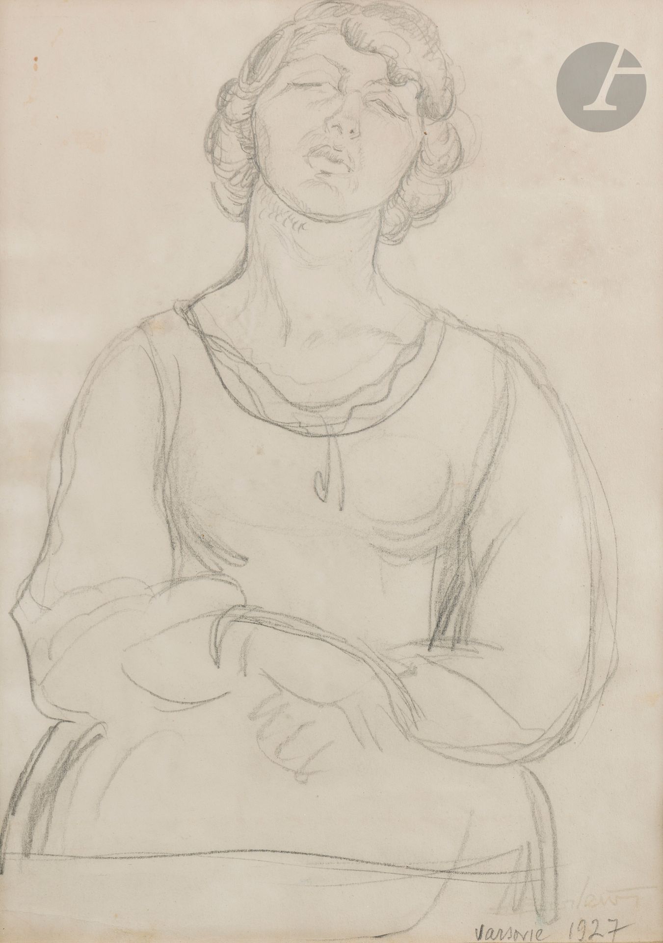 Henryk BERLEWI (1894-1967)
Portrait of a Seated Woman, Head Raised, Hands Clasped, 1927
Pencil drawing on paper, located "Warsaw" and dated lower right
33.5 x 23.5 cm (on view)
On the back, a lithograph "Portrait d'Uriel Acosta" (1920) signed lower right. 
19 x 15.5 cm (on view)
Framed.
Provenance: former Mendel Mann collection.