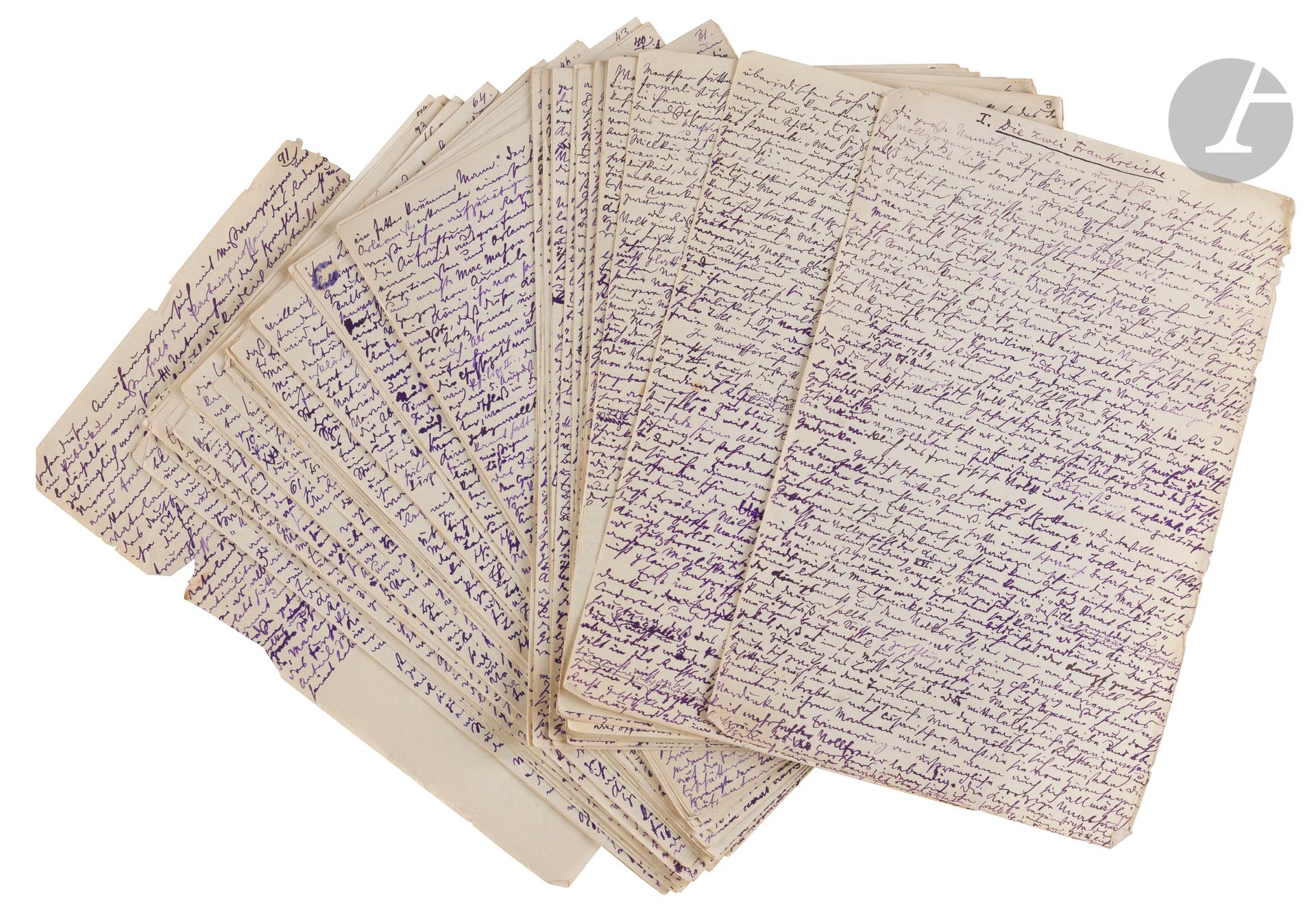 °MANUSCRITS] Max NORDAU (1849-1923) 
Die Zvei Frankreiche. 
Manuscrit autographe titré de 91 pp. format in-4, non relié et dont seuls les rectos sont utilisés. 
Angles légèrement cornés.







Mots clés :
judaïca, juif, juive, hébreux, rabbins, jewish, torah, hebrew, hebraica, judaisme, synagogue, sionisme, pessah, pessach, haggada, haggadah, hagada, hagadah, passover, menora, menorah, hannuka, hannuca, hannoucca, hanouccah, torah, juden, israélite, Israël, antisemitism, antisémitisme, dreyfus, meguila, sepharade, sefarad, ketouba