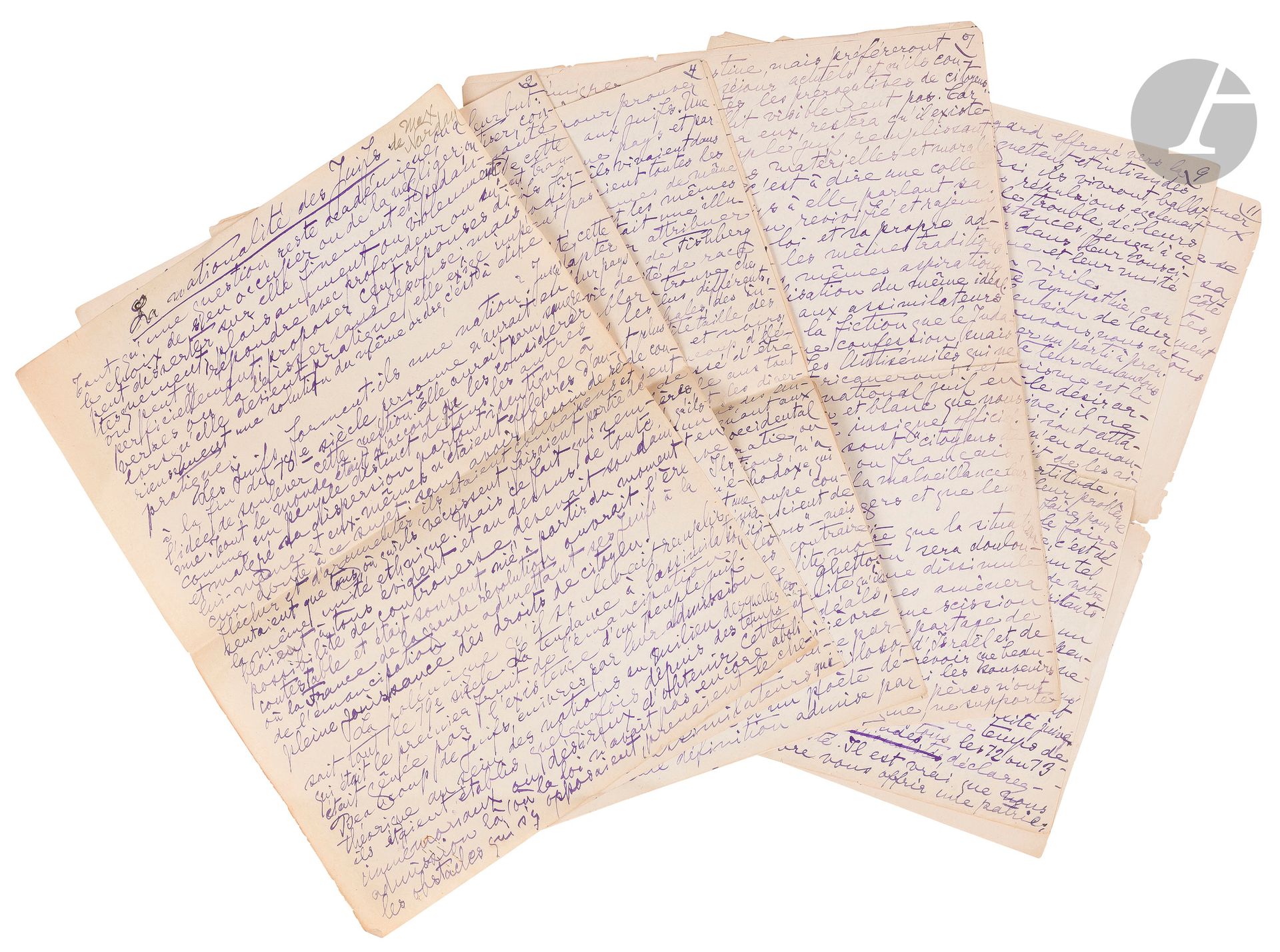 °[NORDAU - SIONISME] Max NORDAU (1849-1923)
La nationalité des Juifs. Manuscrit titré et signé.
Texte en français, circa 1918, 11 pp. numérotées, 27 x 21 cm
On joint :
Le tapuscrit complet de cet exposé. 7 p. numérotées, 27 x 21 cm
Extraits :
« Le débat doctoral sur l’existence ou la non-existence d’un peuple juif est devenu oiseux, car la question est tranchée d’autorité par la déclaration de M. Arthur James Balfour. » [...]
« Une force atavique les poussera vers nous, vers Sion... Une voix intérieure leur criera : Va en Palestine, là est ton pays, là sont tes frères ! Le sionisme est le salut de ceux parmi nous qui ont le désir ardent de vivre une vie nationale juive... » [...]
Il propose enfin de naturaliser tous ceux qui voudraient professer la nationalité juive à l’exclusion de toute autre, même s’ils seraient dans l’impossibilité absolue de s’établir en Palestine.







Mots clés :
judaïca, juif, juive, hébreux, rabbins, jewish, torah, hebrew, hebraica, judaisme, synagogue, sionisme, pessah, pessach, haggada, haggadah, hagada, hagadah, passover, menora, menorah, hannuka, hannuca, hannoucca, hanouccah, torah, juden, israélite, Israël, antisemitism, antisémitisme, dreyfus, meguila, sepharade, sefarad, ketouba