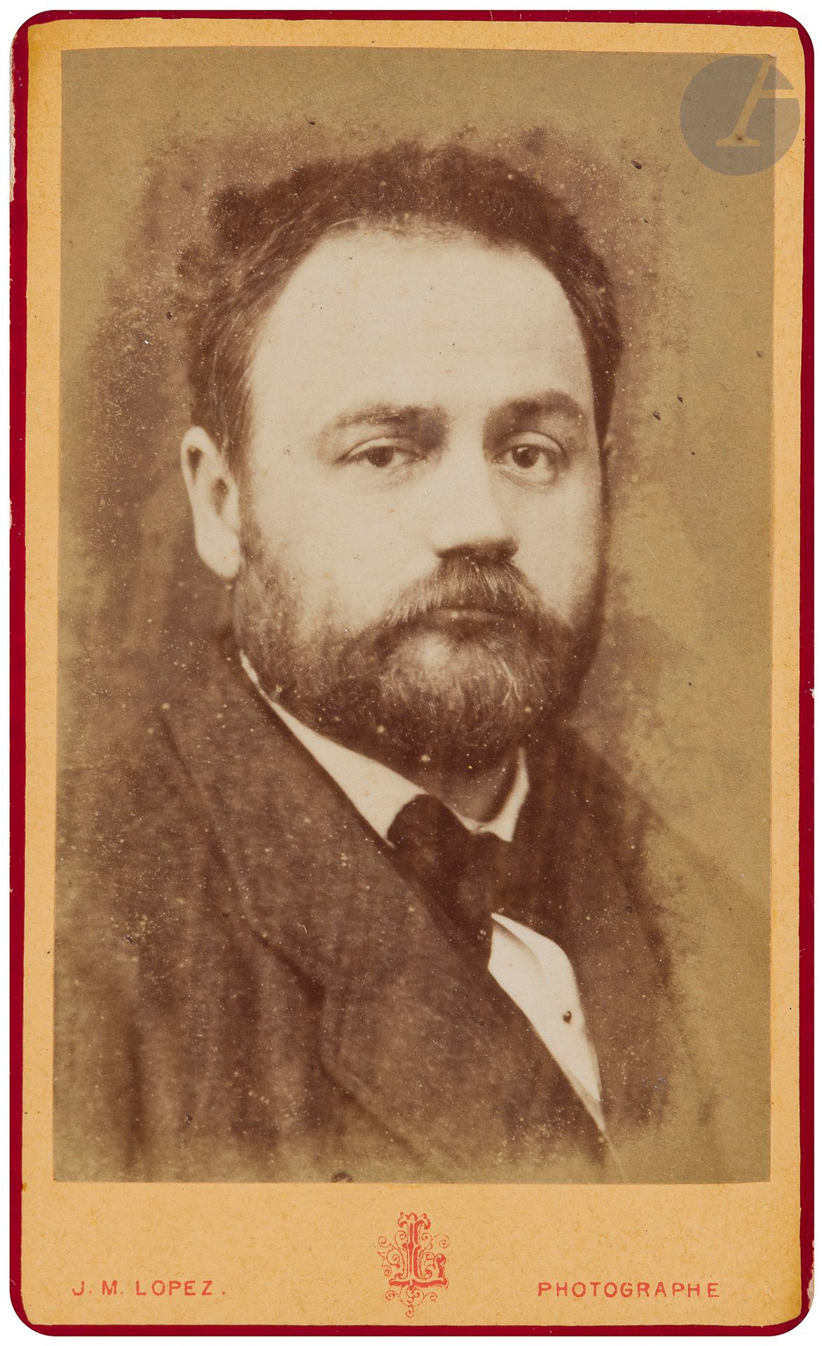 *Émile ZOLA] 
Photographic portrait
J. M. Lopez, Paris s.d. (between 1870 and 1880)
6.3 x 10.5 cm
Handwritten annotation on back.
Very rare original photograph on albumen paper, business-card size, mounted on yellow cardboard with a red border.
Only one other copy of this early photograph has been found in London's National Portrait Gallery.








Keywords:
judaica, jew, jewish, hebrew, rabbis, jewish, torah, hebrew, hebraica, judaism, synagogue, zionism, pessah, pessach, haggada, haggadah, hagada, hagadah, passover, menora, menorah, hannuka, hannuca, hannucca, hanouccah, torah, juden, israélite, Israël, antisemitism, antisémitisme, dreyfus, meguila, sepharade, sefarad, ketouba