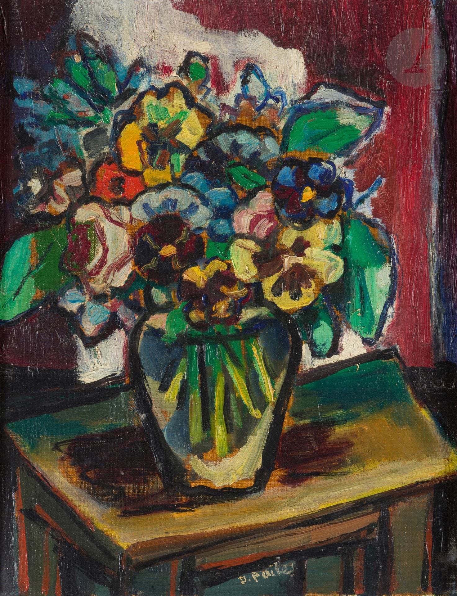 Isaac PAILES (1895-1978)
Bouquet de pensées
Huile sur toile.
Signée en pied.
35 x 27 cm
Cadre.
Provenance : ancienne collection Mendel Mann.
