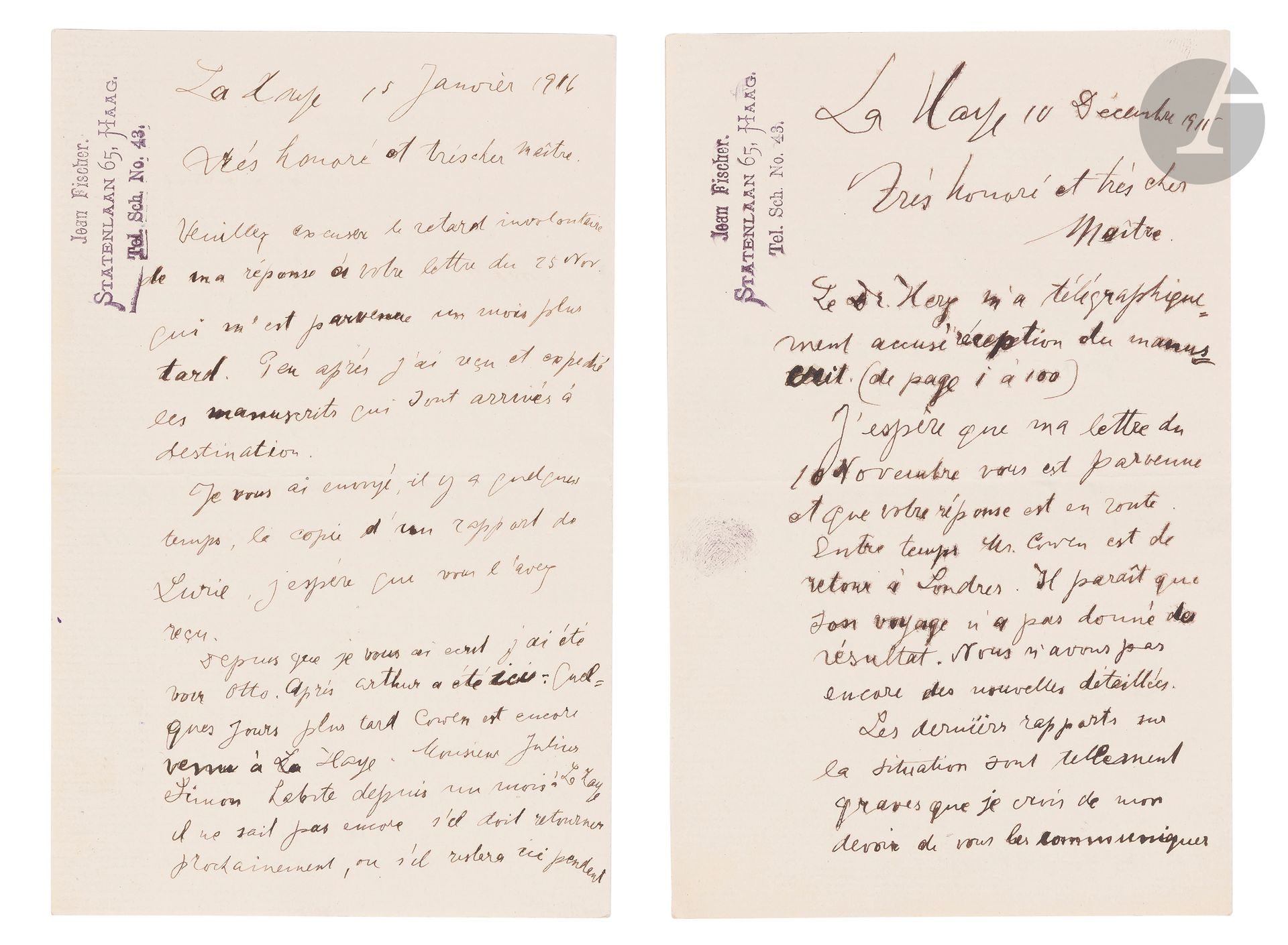 NORDAU - ZIONISM - JABOTINSKY]
Jean Fischer : Zionist leader and Belgian representative at the 7th Zionist Congress,
L.A.S. addressed to Max Nordau, dated December 10, 1915, The Hague.
Attached: 1 l.a.s. from the same dated January 15, 1916.
4 pp. in-12,
Extracts: "I wrote directly to Jabotinsky and told him that I disapprove of his Alexandria venture... I wrote to Greenberg and Cowen to act on Jabotinsky - now Victor writes me that Jabotinsky intends to tour various countries to propagandize his enterprise.... It is more than unfortunate that, in our so critical situation, M. Jabotinsky continues this dangerous game".
4 pp. in-12.

Important letter on the catastrophic situation of the National Fund and Jabotinsky's initiatives. During the First World War, Jabotinsky considered that the Jews should help the British seize Palestine, then Ottoman territory, in the hope that the United Kingdom would promote the establishment of a "Jewish National Home" there. He then conceived the idea of a Jewish military force, the Jewish Legion. This letter shows the opposition this initiative aroused.







Keywords:
judaica, jew, jewish, hebrew, rabbis, jewish, torah, hebrew, hebraica, judaism, synagogue, zionism, pessah, pessach, haggada, haggadah, hagada, hagadah, passover, menora, menorah, hannuka, hannuca, hannucca, hanouccah, torah, juden, israélite, Israël, antisemitism, antisémitisme, dreyfus, meguila, sepharade, sefarad, ketouba