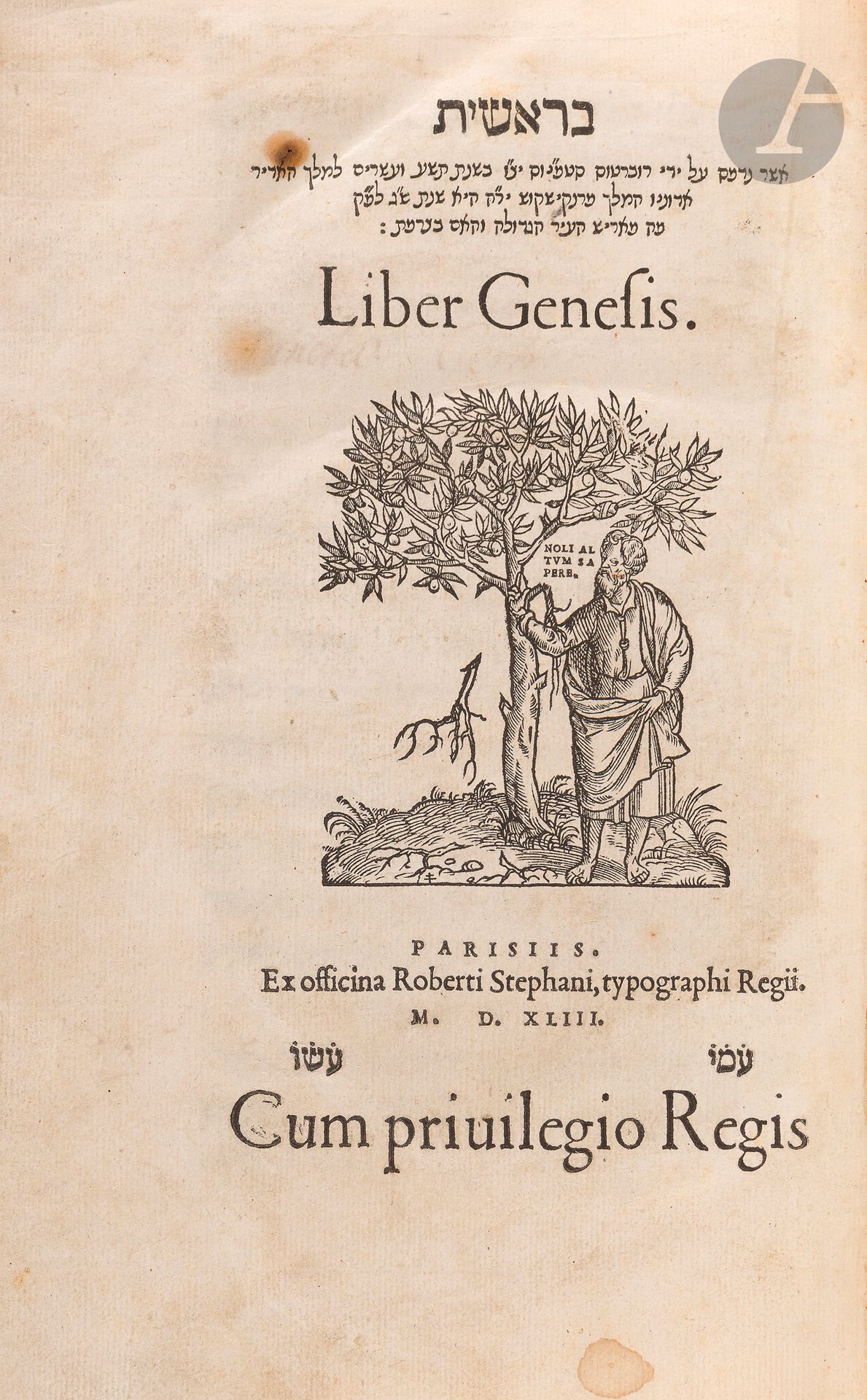 [HEBRAIC BIBLE] [Biblia hebraica cum notis]. Paris: Robert Estienne, 1539-1544.
24 parts in 2 volumes in-4. Calf, ribbed spine decorated with azure irons, red edges.
Bindings worn, hinges open, corners dulled, small tears, particularly at the top of the first volume. Light spotting on some pages.
Apart from the defects mentioned, a very fine and complete copy of this extremely rare Hebrew Bible printed by Robert Estienne.
Printed between 1539 and 1544, it was divided into different parts, each with its own title and pagination. These parts were either sold together or separately, which explains why some copies are incomplete and the order in which they are bound may vary.
This edition was sumptuously printed using typefaces from various Parisian fonts, notably those of Jean Arnould. It earned Robert Estienne the appointment by François I as the king's printer of Hebrew and Latin letters.







Keywords:
judaica, jew, jewish, hebrew, rabbis, jewish, torah, hebrew, hebraica, judaism, synagogue, zionism, pessah, pessach, haggada, haggadah, hagada, hagadah, passover, menora, menorah, hannuka, hannuca, hannucca, hanouccah, torah, juden, israélite, Israël, antisemitism, antisémitisme, dreyfus, meguila, sepharade, sefarad, ketouba