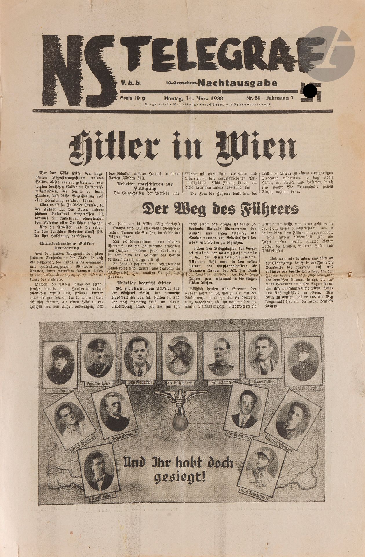 *[REVUES ET PÉRIODIQUES] Jüdisches Nachrichtenblatt, Vienne, n° 1 du 13 décembre 1938. Wien. 2 pp.
Suite au pogrom de novembre 1938, la vie juive en Allemagne fut extrêmement réduite. Presque immédiatement, les nombreux journaux juifs disponibles furent fermés. À leur place, les nazis ordonnèrent la création d’un nouveau journal juif, Das Jüdische Nachrichtenblatt.
Ce journal, étroitement surveillé par les autorités nazies, publiait des discussions et des informations sur la communauté juive (mais uniquement celles jugées « acceptables » par ces mêmes autorités). De nombreux articles et publicités concernaient des questions liées à l’émigration juive d’Allemagne, même si cette porte se refermait rapidement sur eux.
On joint :
La parution n° 61 du NS-Telegraph, du 14 mars 1938, journal pro-hitlérien qui annonce la venue de celui-ci à Vienne. 4 ff. Déchirures aux plis avec perte de quelques lettres.







Mots clés :
judaïca, juif, juive, hébreux, rabbins, jewish, torah, hebrew, hebraica, judaisme, synagogue, sionisme, pessah, pessach, haggada, haggadah, hagada, hagadah, passover, menora, menorah, hannuka, hannuca, hannoucca, hanouccah, torah, juden, israélite, Israël, antisemitism, antisémitisme, dreyfus, meguila, sepharade, sefarad, ketouba