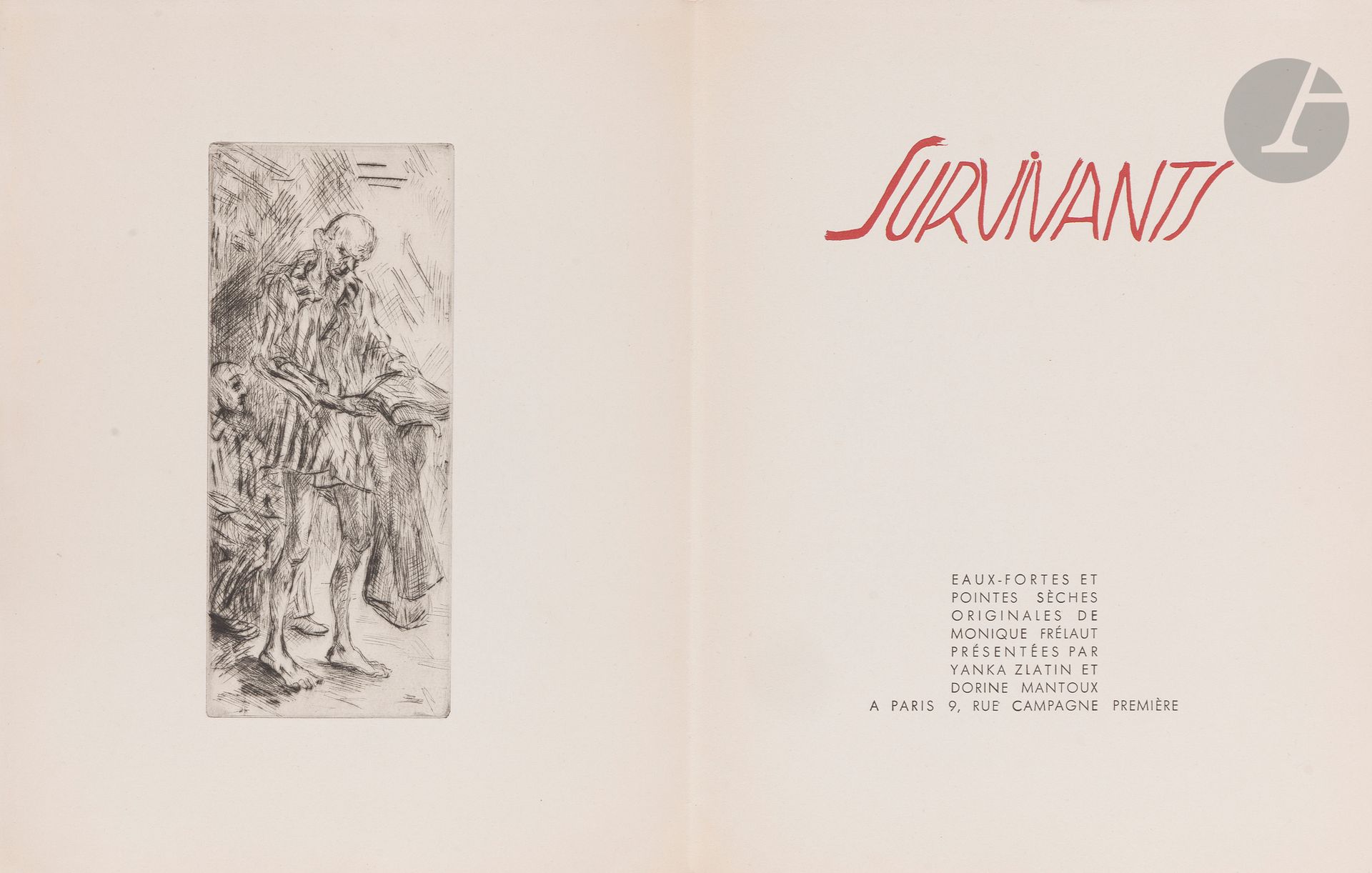 Monique FRÉLAUT. Survivants. Paris, s.n., 1945.
In-4, en feuilles, non rogné, chemise illustrée, étui. Ouvrage illustré de 30 eaux-fortes et pointes sèches originales en noir de Monique Frélaut, présentées par Yanka Zlatin et Dorine Mantoux. Numéroté sur 375. Étui accidenté.
Les eaux-fortes représentent des hommes en tenue de déporté, les visages et les corps émaciés.








Mots clés :
judaïca, juif, juive, hébreux, rabbins, jewish, torah, hebrew, hebraica, judaisme, synagogue, sionisme, pessah, pessach, haggada, haggadah, hagada, hagadah, passover, menora, menorah, hannuka, hannuca, hannoucca, hanouccah, torah, juden, israélite, Israël, antisemitism, antisémitisme, dreyfus, meguila, sepharade, sefarad, ketouba