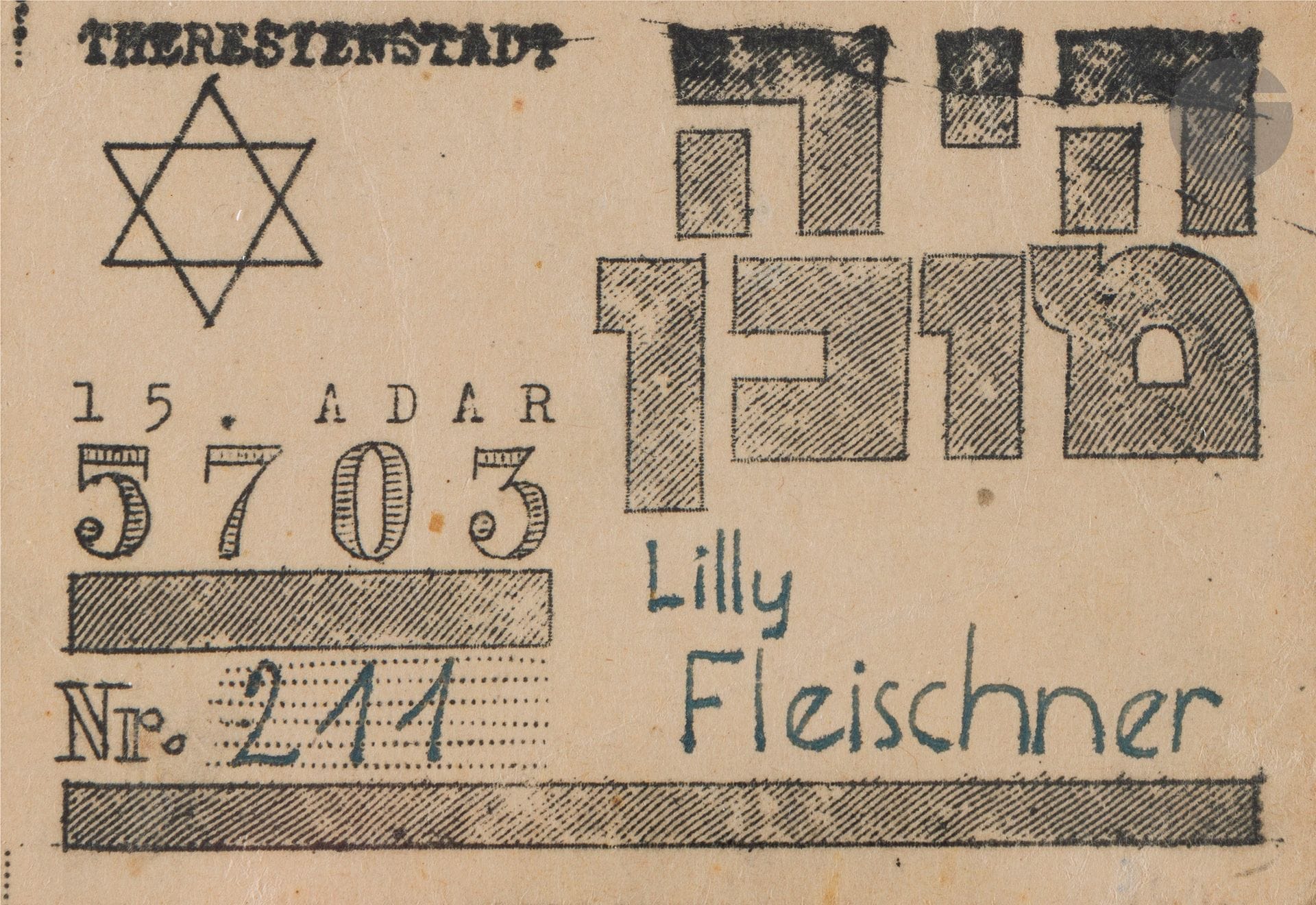 [THERESIENSTADT] Nominative coupon on cardboard. 
It bears the Hebrew date of 15 Adar 5703 (February 20, 1943), the prisoner's name, an order number and the Hebrew inscription "sois prêt" ("be ready").
7 x 10 cm
This coupon, whose function we have not been able to determine, and this mysterious formula testify to the spirit of resistance and resilience of the Jews in the ghetto. Lilly Fleischner's name appears in the register of survivors of the Theresienstadt ghetto, page 307.








Keywords:
judaica, jew, jewish, hebrew, rabbis, jewish, torah, hebrew, hebraica, judaism, synagogue, zionism, pessah, pessach, haggada, haggadah, hagada, hagadah, passover, menora, menorah, hannuka, hannuca, hannucca, hanouccah, torah, juden, israélite, Israël, antisemitism, antisémitisme, dreyfus, meguila, sepharade, sefarad, ketouba