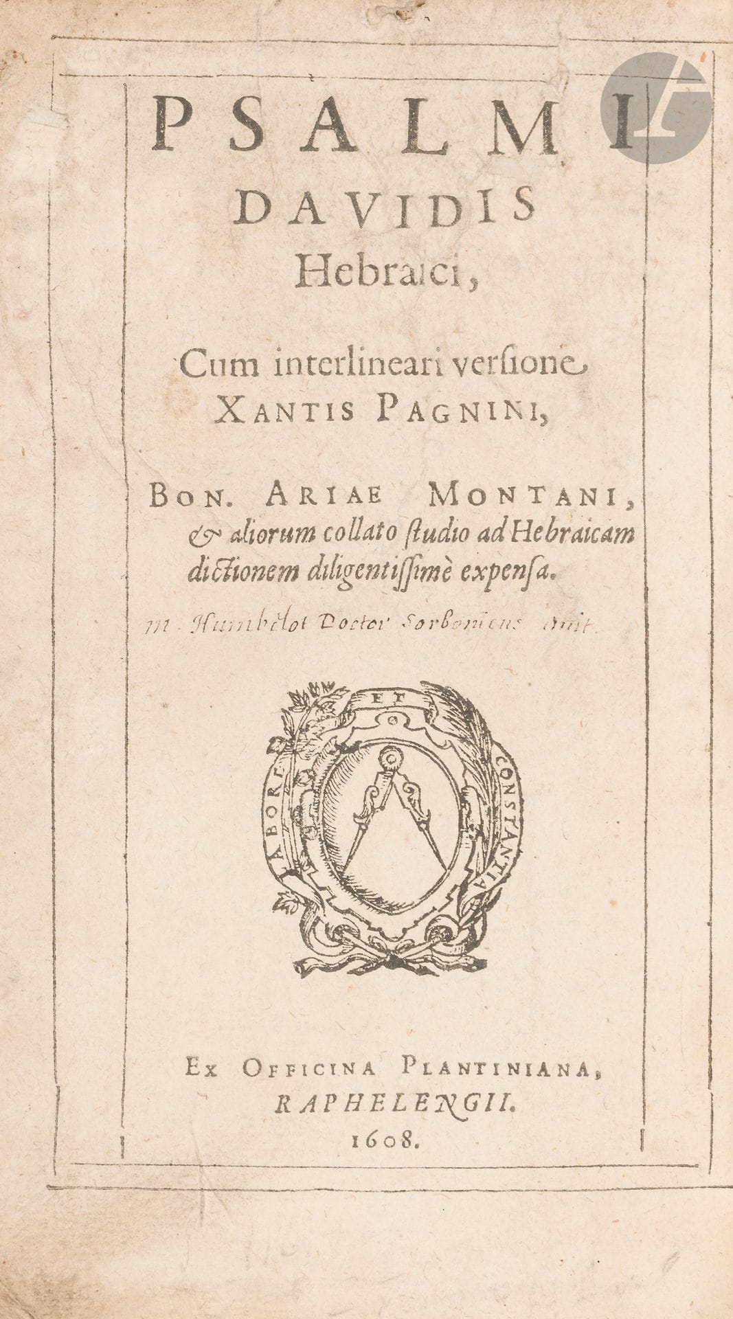 °[BIBLE - PSAUMES] Psalmi Davidis Hebraici suivi par Proverbia Salomonias, Job, Canticorum, Ruth, Lamentationes, Ieremiae, Ecclesiastes, & Esther, Cum interlineari versione Xantis Pagnini, Ben. Ariae Montani. [Anvers], Plantin, 1608.
In-8. Reliure vélin usagée et restaurée. Trous de vers en marge.
Rare traduction interlinéaire en latin.







Mots clés :
judaïca, juif, juive, hébreux, rabbins, jewish, torah, hebrew, hebraica, judaisme, synagogue, sionisme, pessah, pessach, haggada, haggadah, hagada, hagadah, passover, menora, menorah, hannuka, hannuca, hannoucca, hanouccah, torah, juden, israélite, Israël, antisemitism, antisémitisme, dreyfus, meguila, sepharade, sefarad, ketouba