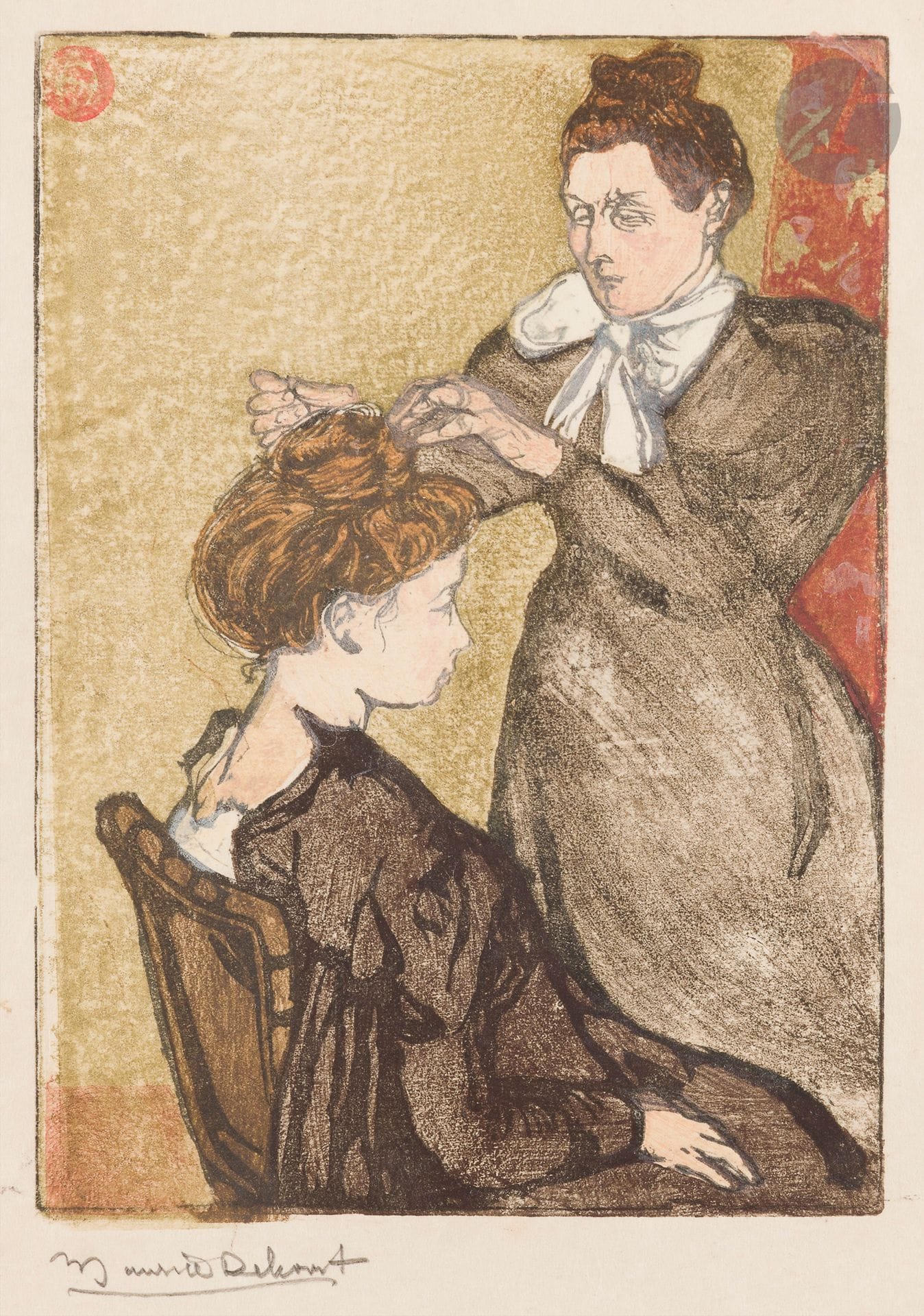 Maurice Delcourt (1877-1916)
La Coiffure. 1899. Bois gravé. 99 x 138. I.F.F. 4. Impression en couleurs. Très belle épreuve sur japon fort, timbrée dans l’angle supérieur gauche du sujet (Lugt 743) et signée au crayon, puis annotée « Tiré à 100 / n° 27 » dans l’angle inférieur droit du feuillet et timbrée de nouveau. Toutes marges.