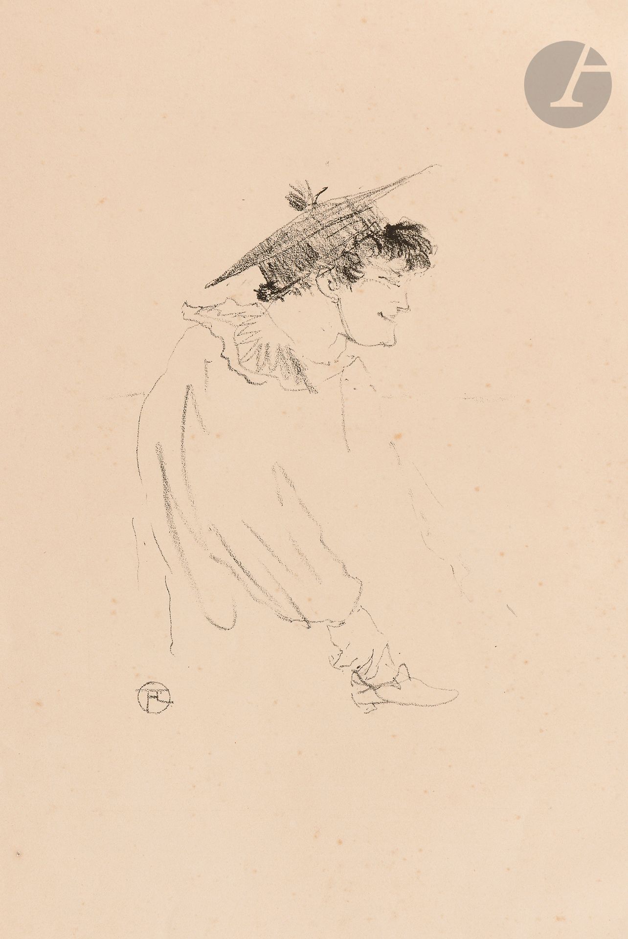 Henri de Toulouse-Lautrec (1864-1901)
Petite fille anglaise (Miss Dolly, Star, Le Havre). 1899. Lithographie. 170 x 220. Delteil 274 ; Wittrock 324. Belle épreuve sur vélin blanc. Oxydation marquée à l’ouverture du passe-partout. Rousseurs claires éparses. Toutes marges [323 x 490]. Très rare : tirage à 20 épreuves environ (dont 10 dans des collections publiques selon Wittrock).