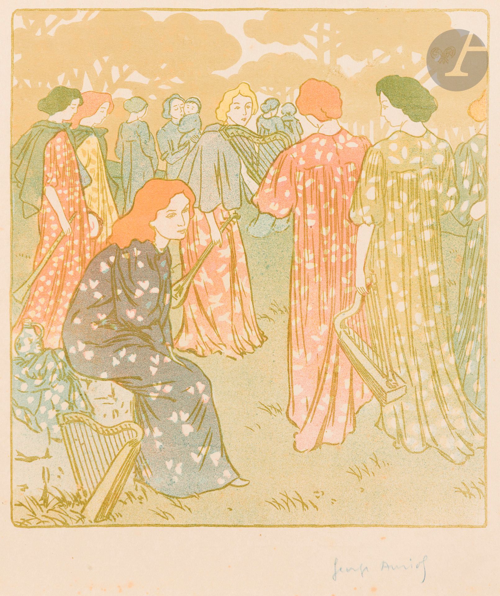 George Auriol (Jean Georges Huyot, dit) (1863-1938)
La Musique, ou Chansons d’Écosse et de Bretagne. 1895. Lithographie. 240 x 260. Fields 10. Impression en couleurs. Très belle épreuve de tirage à part sur japon, antérieure au tirage sous forme de titre de mélodie, signée au crayon bleu. Quelques rousseurs éparses. Infimes traces de plis dans l’angle inférieur droit. Toutes marges non ébarbées.  

Provenance :  Michel Romand (1929-2013), arrière-petit-fils d’Edmond Sagot (1857-1917).