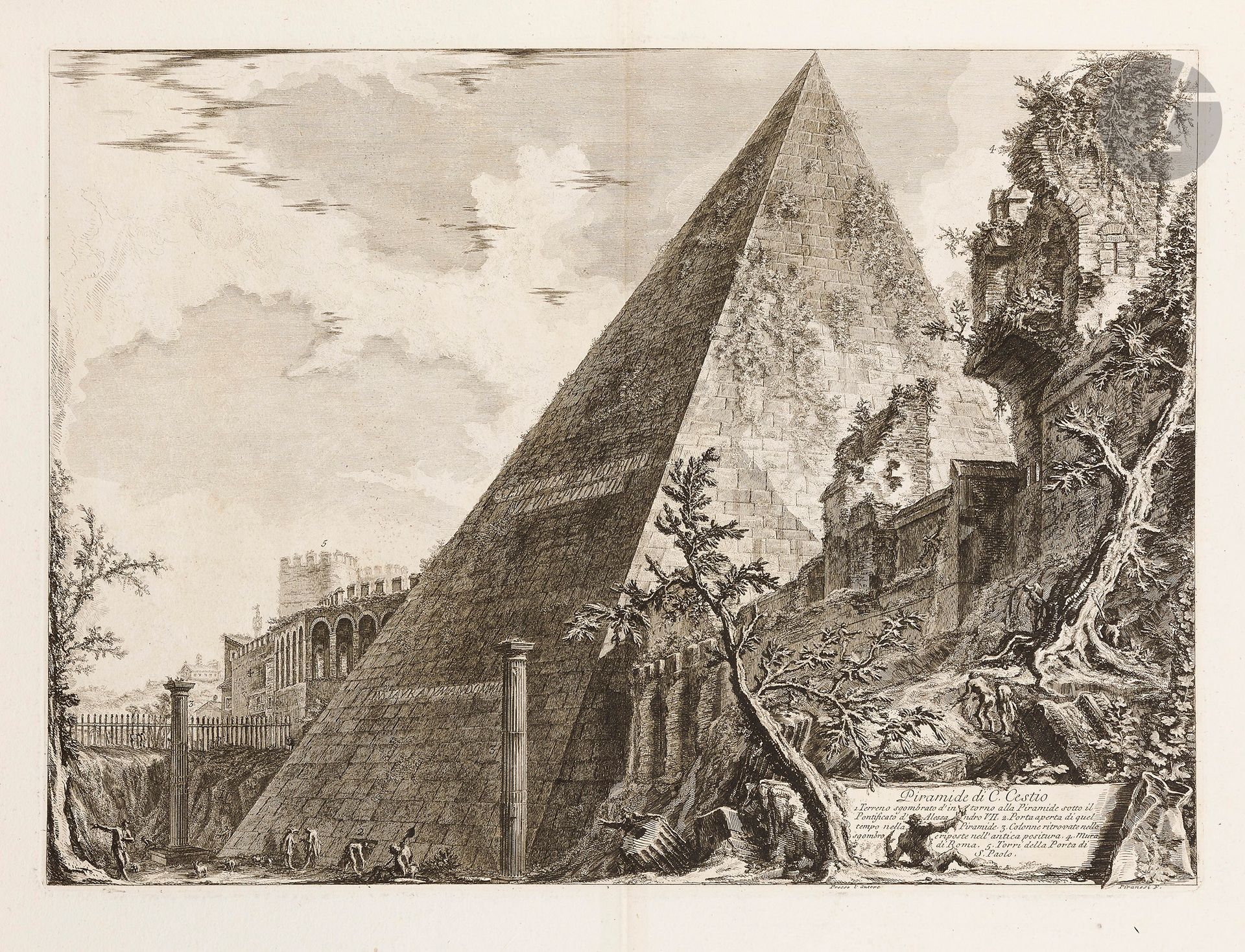 Giambattista Piranesi (1720-1778)
Piramide di C. Cestio (Tombeau de Caius Cestius). (Pl. des Vedute di Roma). 1756. Eau-forte et burin. 532 x 390. Hind 36. Très belle épreuve sur vergé blanc fort, du 1er état (sur 3), avant le numéro en haut à droite. Pli vertical médian normal, consolidé au verso. Légères rousseurs et traces claires d’oxydation. Empoussiérage et traces de plis de manipulation au bord droit. Toutes marges. Tirage romain. 

Provenance :  Michel Romand (1929-2013), arrière-petit-fils d’Edmond Sagot (1857-1917).