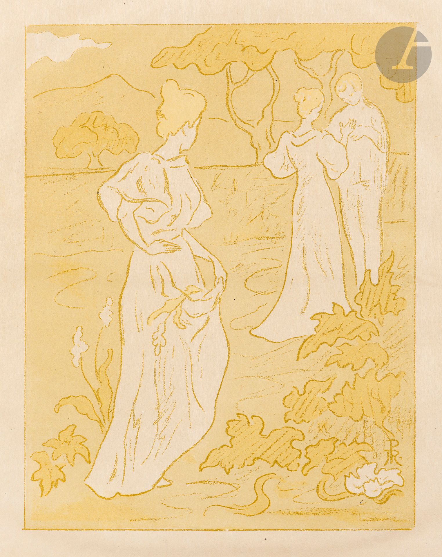 Paul-Élie Ranson (1861-1909)
Tristesse, ou Jalousie.1896. Lithographie. 180 x 232. Ranson-Bitker (1999) 292. Impression en couleurs. Très belle épreuve, l’une des 50 du tirage de luxe sur japon, signée à la plume et à l’encre, justifiée « U » au crayon bleu à droite du timbre de la publication, Le Centaure (Lugt 2782). Infime tache circulaire en pied. Toutes marges non ébarbées. 

Provenance :  Michel Romand (1929-2013), arrière-petit-fils d’Edmond Sagot (1857-1917).