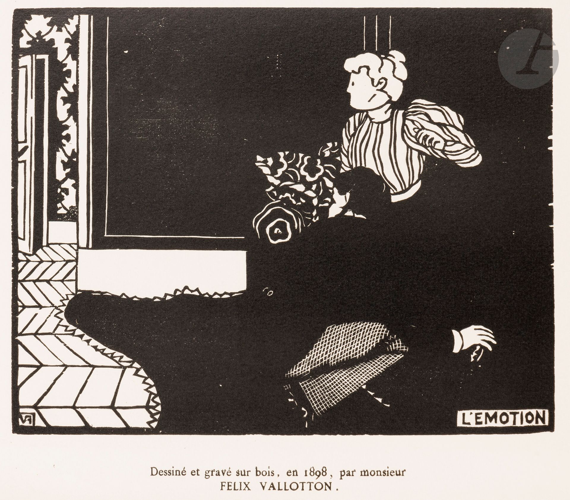 Félix Vallotton (1865-1925)
L’Émotion. 1898. Bois gravé. 223 x 176. Vallotton et Goerg 198 d. Très belle épreuve sur vélin blanc, avec le texte imprimé en pied. Infime oxydation aux bords. Toutes marges.  

Provenance :  Michel Romand (1929-2013), arrière-petit-fils d’Edmond Sagot (1857-1917).  Planche parue dans Quelques Bois originaux et inédits.