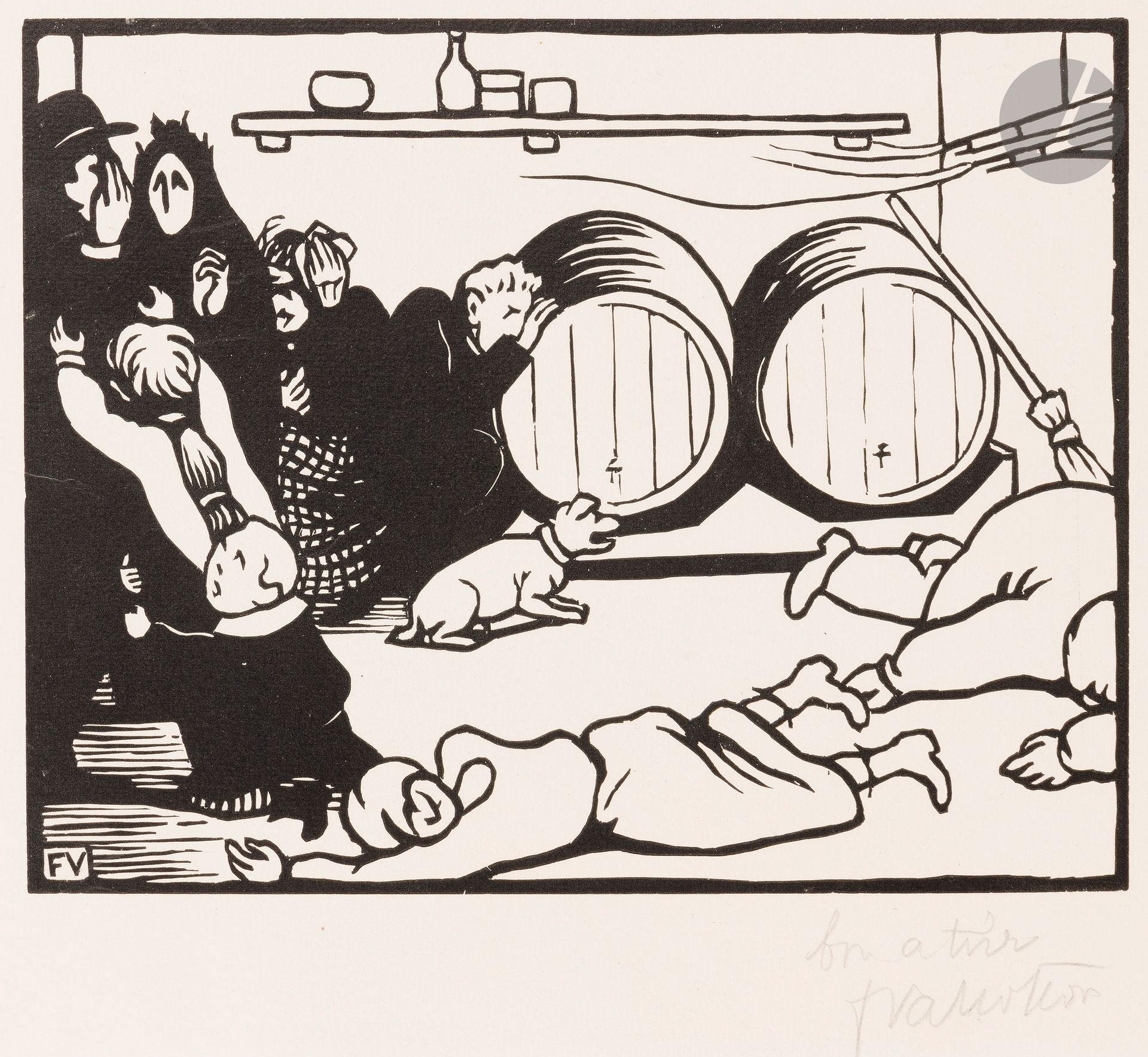 Félix Vallotton (1865-1925)
Les Civils. (Pl. VI pour l’album C’est la guerre). 1916. Bois gravé. 224 x 175. Vallotton et Goerg 2147. Très belle et fraîche épreuve sur vélin blanc, annotée « bon à tirer » et signée au crayon. Toutes marges. Tirage définitif à 100 épreuves. Au verso du montage, étiquette d’exposition au McNay Art Institute, San Antonio, Texas, à la date de mai 1964.

Provenance :  Michel Romand (1929-2013), arrière-petit-fils d’Edmond Sagot (1857-1917).