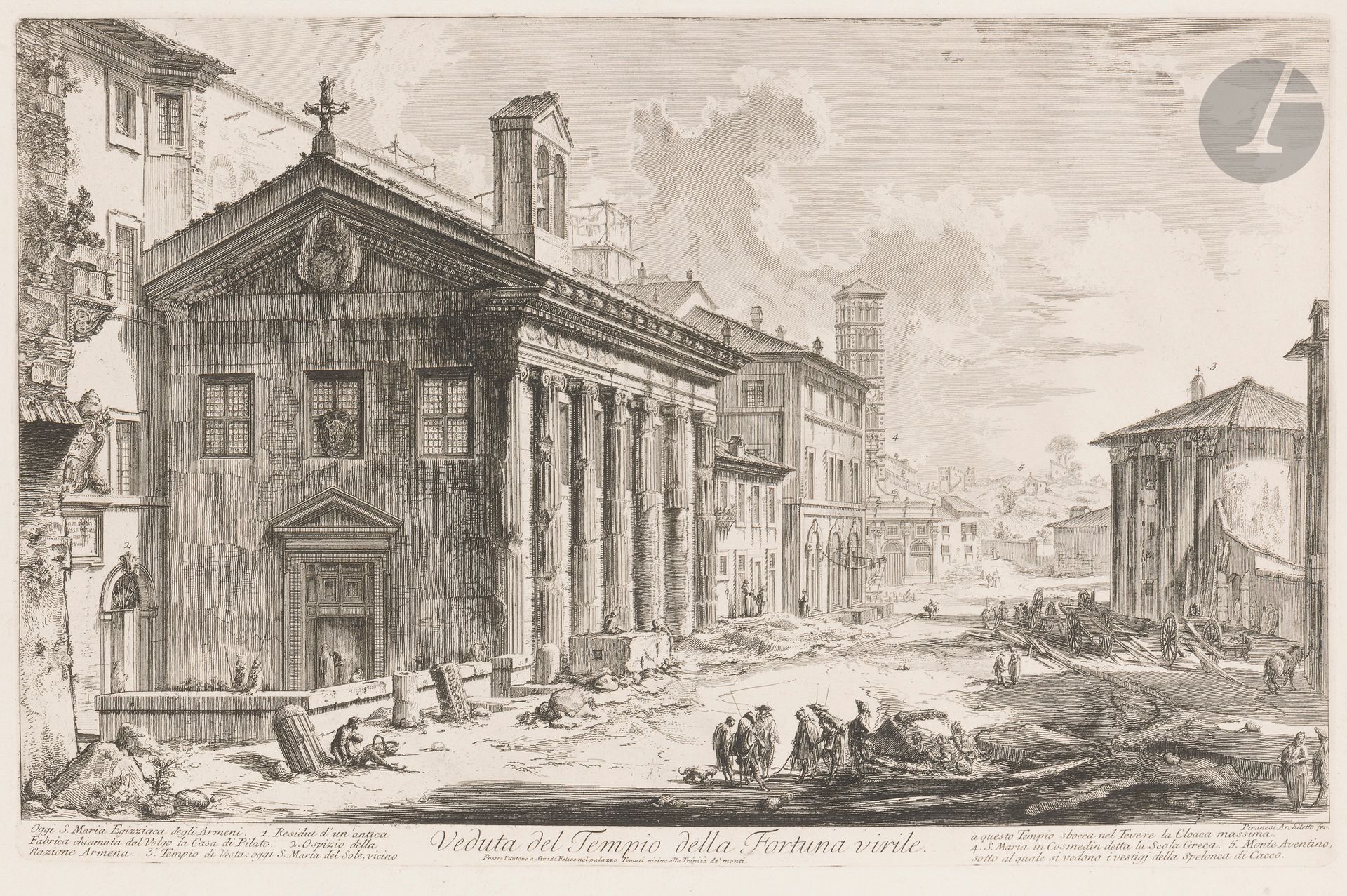 Giambattista Piranesi (1720-1778)
Veduta del Tempio della Fortuna Virile. (Le Temple de la Fortune virile, aujourd’hui église Sainte-Marie l’Égyptienne). 1758. Eau-forte et burin. 585 x 375. Hind 46. Très belle épreuve sur vergé fort, d’un état intermédiaire entre le 2e et le 3e (sur 7), avant l’inscription du prix. Pli vertical médian normal. Quelques rousseurs claires éparses. Onglet de montage le long du bord droit au verso. Toutes marges. Tirage romain.