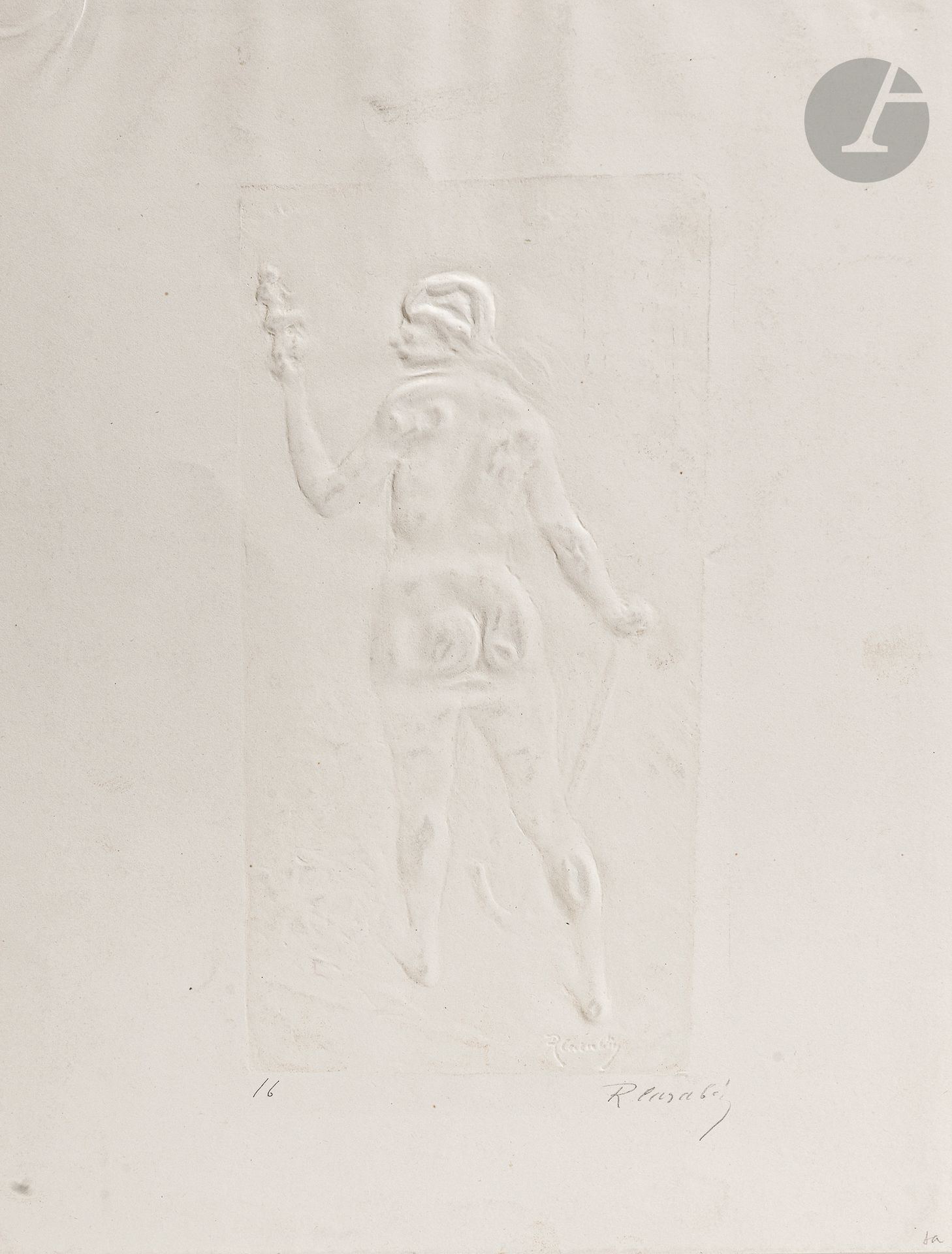 François-Rupert Carabin (1862-1932)
Parque (Nude woman from behind, leaning on a scythe and holding a distaff). Circa 1900. Glyptograph. 110 x 225. Very fine proof on glazed vellum, numbered and signed in pencil. Full margins. 

Provenance: Michel Romand (1929-2013), great-grandson of Edmond Sagot (1857-1917).Embossed relief engraving, a technique favored by sculptors, was very popular around 1895-1900. Pierre Roche, Alexandre Charpentier, Henri Lefort des Ylouses, Oscar Roty, Maurice Dumont, and here Carabin, tried their hand at it. "In the Revue Encyclopédique of August 15, 1896, Roche describes his process in rather summary terms, in order to avoid forgeries: "A plaster mold is taken from a light bas-relief, the hollows of which are calculated to reproduce in the counterpart asperities suitable for retaining the ink. It is in this plaster that the hand-pressed paper must seek both the ink and the modeling." Despite these precautions and the complexity of the process, it proved a success, prompting many copies. The artist wrote in his diary on November 7, 1894: "Gypsographies are imitated; I saw Sagot advertising them; he calls this anything that is engraved with a projection on the paper. He traces its invention back to Roche and has no idea of the peculiarity of the process."" (Joëlle Raineau and Clara Roca, "À la découverte des secrets d'atelier de Pierre Roche", Nouvelles de l'Estampe, 2022, no. 268). The model for these sculpted prints can be traced back to the Japanese printmaking masters, who created their embossings from a Kara-zuri wooden matrix pressed directly onto the paper by hand. Europeans explored various techniques (wooden molds, plaster molds, wax molds, cigarette paper compression for Charpentier) to achieve this bas-relief effect.