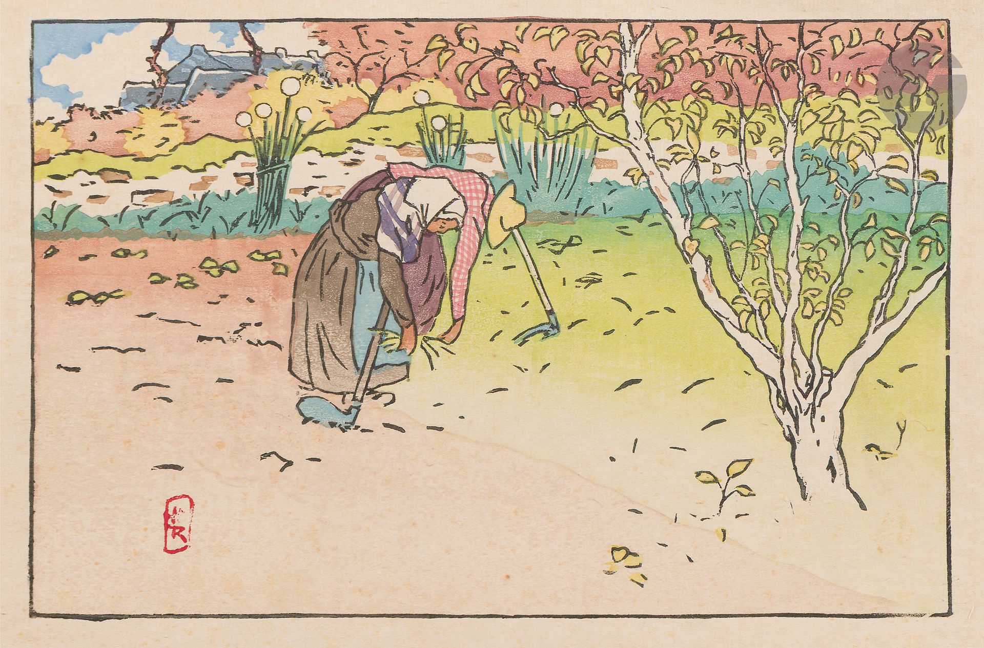 Henri Rivière (1864-1951)
Potager à La Ville-Hue (Saint-Briac). 1890. Bois gravé. 347 x 227. Levasseur-Le Bohec 8. Impression en couleurs à l’eau à la manière japonaise. Très belle épreuve sur japon vergé mince, revêtue dans le sujet en bas à gauche du timbre rouge japonisant de l’artiste (Lugt 1362). Empoussiérage marginal. Rousseurs claires éparses. Toutes marges. Rare. Tirage à 20 épreuves. 

Provenance :  Michel Romand (1929-2013), arrière-petit-fils d’Edmond Sagot (1857-1917).