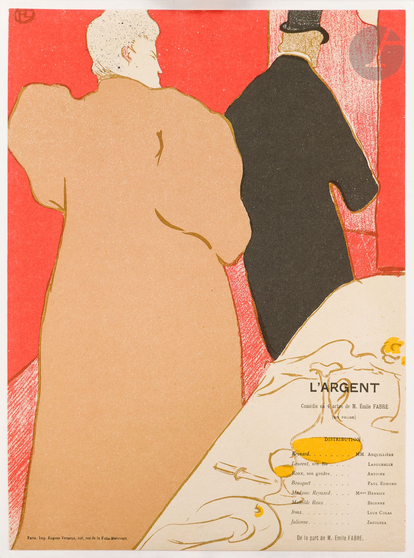 Henri de Toulouse-Lautrec (1864-1901)
L'Argent. Comedy in 4 acts by M. Émile Fabre (Program for Les Menus-Plaisirs, May 5, 1895). Lithograph. [239 x 315]. Delteil 15; Wittrock 97; Aitken 28. printed in color. A very fine, fresh proof printed without margins as usual, lined on strong white vellum.