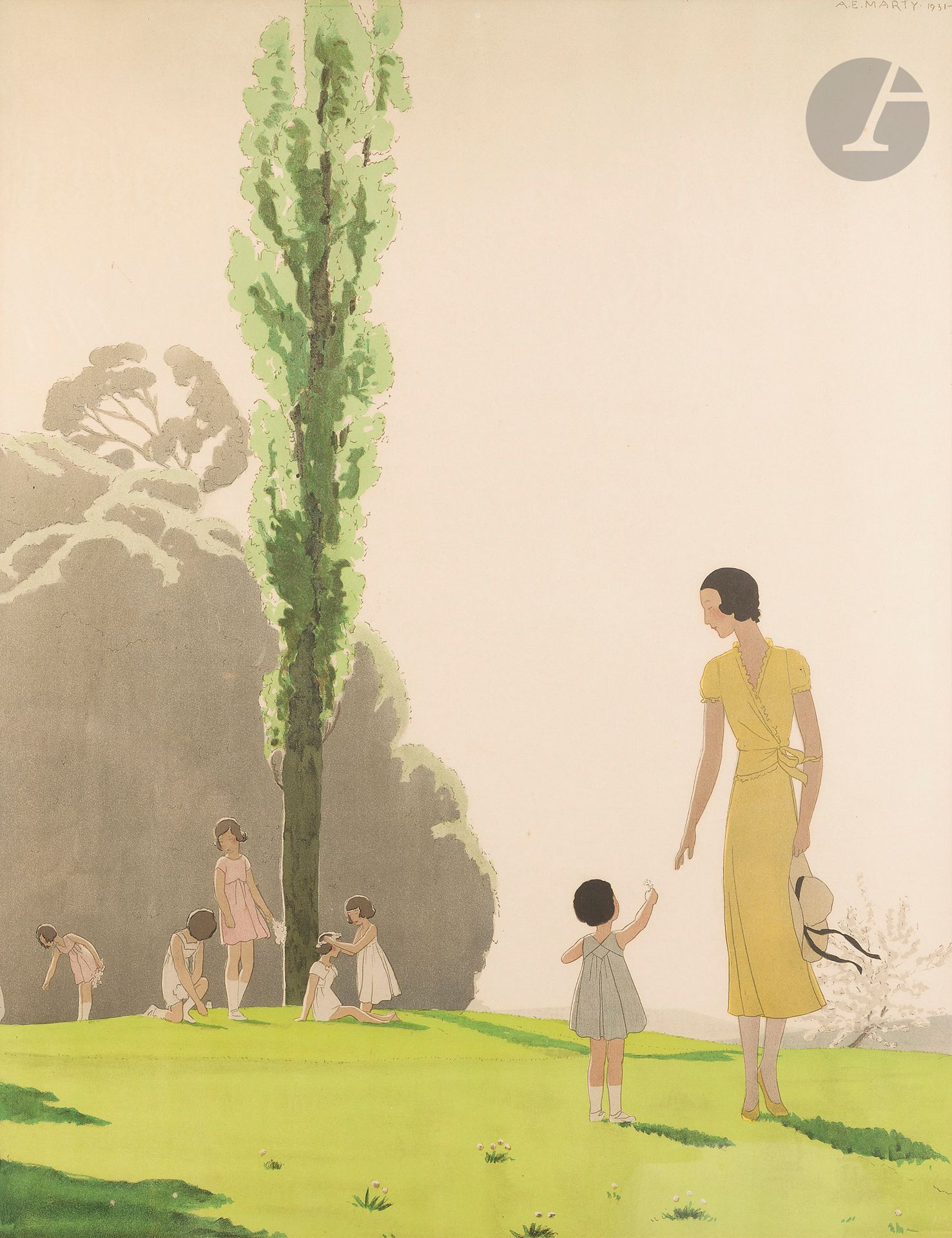 André Édouard Marty (1882-1974)
Away to the green, green country… (Affiche pour les transports londoniens). 1931. Lithographie. À vue : 590 x 760. Impression en couleurs. Belle épreuve sur vélin, sans marges ni lettre apparentes. Cadre (non examinée hors du cadre).  

Le texte figurant en pied de l’affiche complète est extrait d’un poème de James Thomson : « Away to the green, green country / Under the open sky / Where the earth’s sweet breath is incense / And the larks sings psalms on high. »