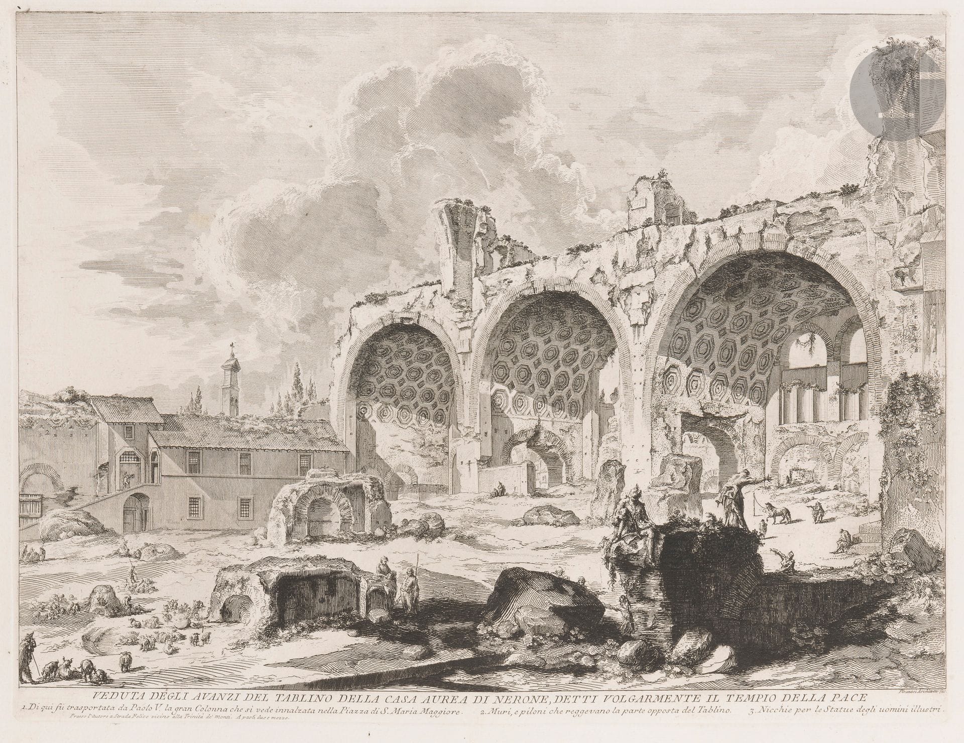 Giambattista Piranesi (1720-1778)
Veduta degli avanzi del tablino della Casa Aurea di Nerone, detti volgarmente il Tempio della Pace. (La Basilique de Constantin). 1757. Eau-forte et burin. 550 x 417. Hind 45. Très belle et fraîche épreuve sur vergé fort, du 3e état (sur 6), avant effaçage du prix et avant le numéro en haut à droite. Pli vertical médian normal. Onglet de montage le long du bord droit au verso. Toutes marges. Tirage romain.