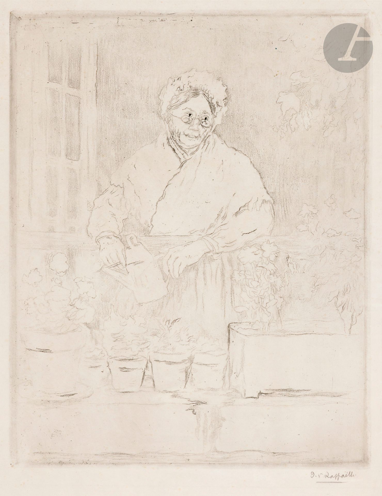 Jean-François Raffaëlli (1850-1924)
Le Jardin de la vieille fille. 1894. Vernis mou. 230 x 315. Delteil 18. Très belle épreuve sur vélin blanc mince, du 2e état (sur 3), avant les travaux à la pointe sèche, signée au crayon. Petites ondulations normales aux bords du feuillet. Toutes marges. Très rare.

Provenance : Michel Romand (1929-2013), arrière-petit-fils d’Edmond Sagot (1857-1917).