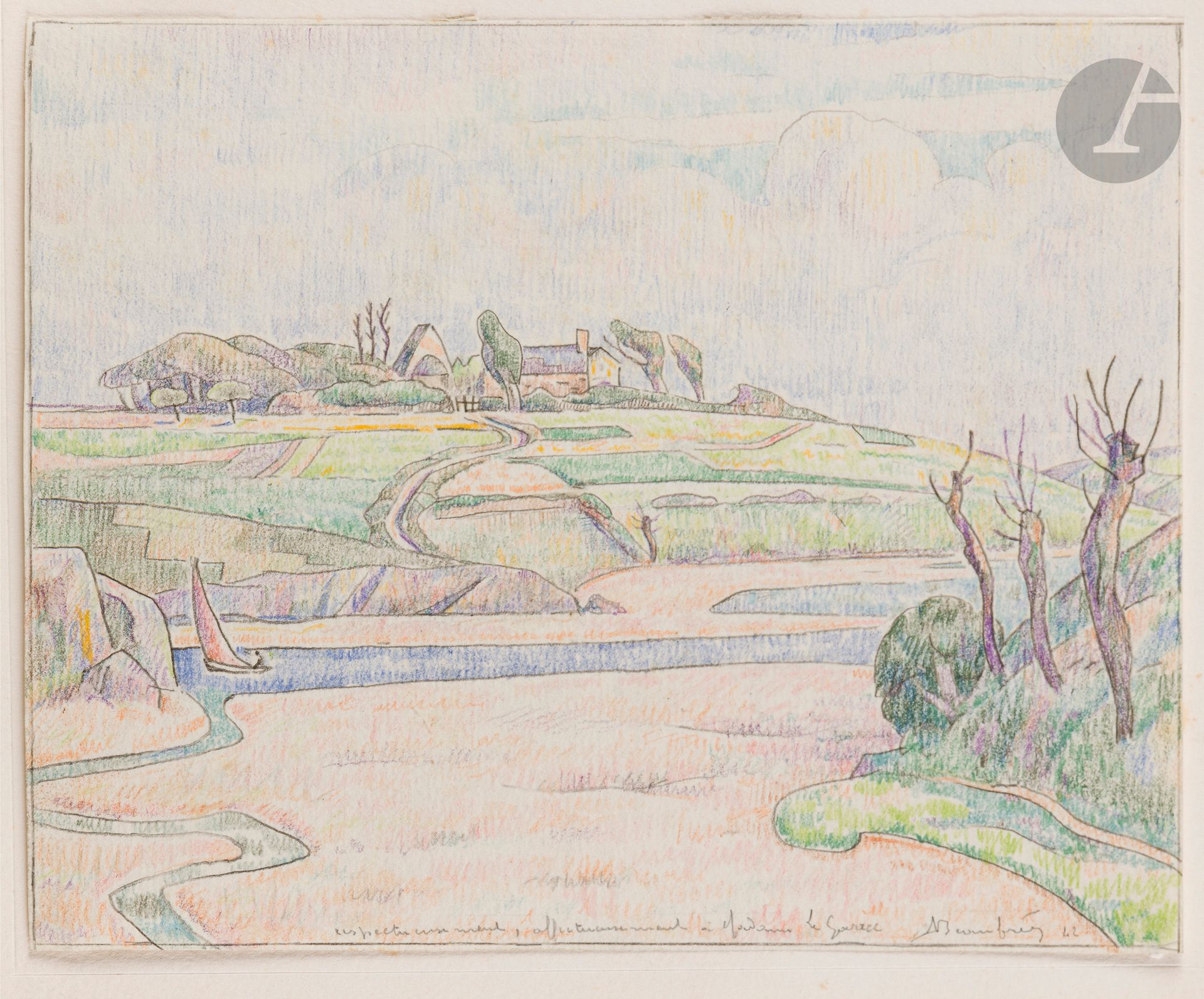 Adolphe Beaufrère (1876-1960)
Breton landscape (Pouldu region). 1942. Drawing. Graphite and colored pencil on cream laid paper [225 x 180]. Dedicated at foot "respectfully, affectionately to Madame Le Garrec", signed and dated. 

Provenance: Michel Romand (1929-2013), great-grandson of Edmond Sagot (1857-1917).