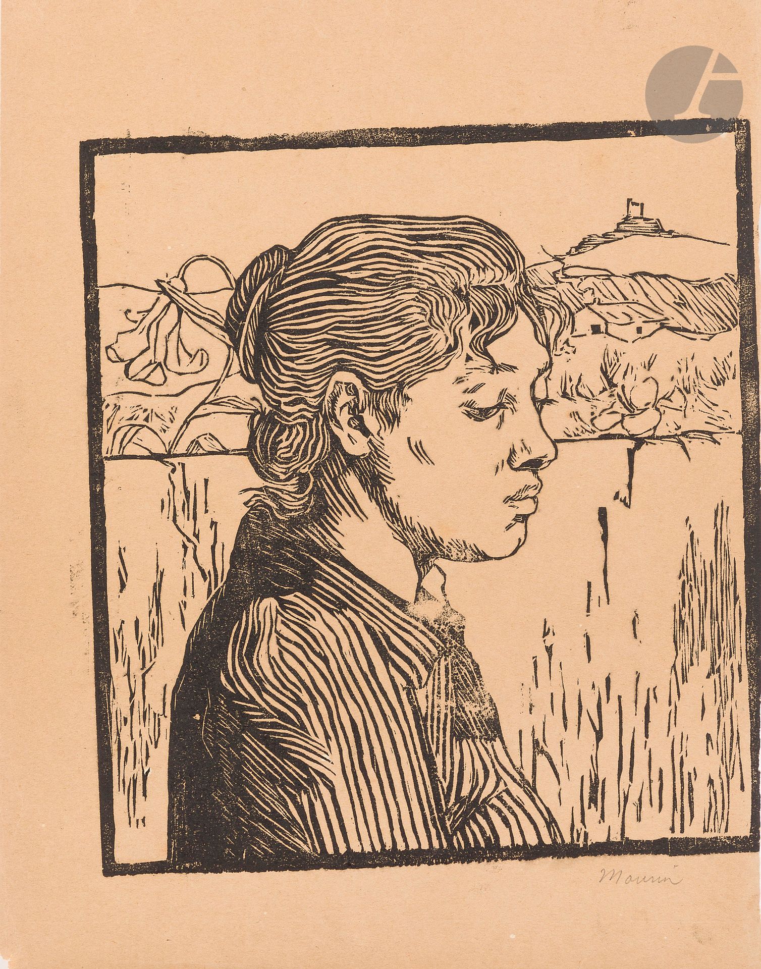 Charles Maurin (1856-1914)
Femme en buste dans un paysage. Vers 1900. Bois gravé. 215 x 240. Belle épreuve d’essai de la planche de noir seule sur vélin chamois, tirée de guingois, signée au crayon. Petit manque dans l’angle inférieur gauche. Marges non équilibrées. Joint : reproduction photographique d’un tableau de l’artiste (Carabin, 1891), collée sur carton, dédicacée « pour Mr Sagot » et signée. Timbre du photographe Simonet au verso. Ens. 2 p. 

Provenance :  Michel Romand (1929-2013), arrière-petit-fils d’Edmond Sagot (1857-1917).