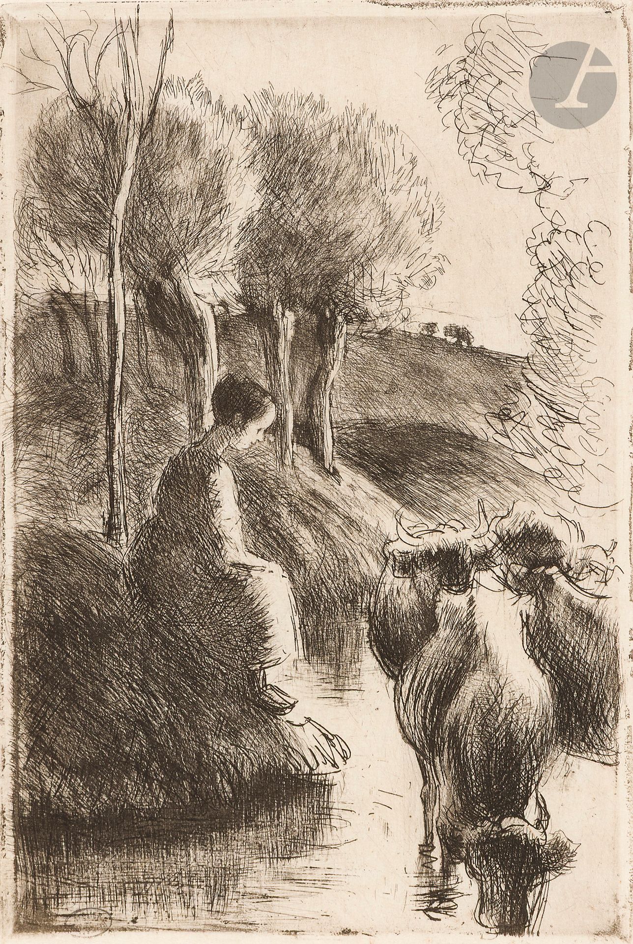 Camille Pissarro (1830-1903)
Vachère au bord de l’eau. 1890. Eau-forte et pointe sèche. 130 x 198. Delteil 93. Très belle épreuve sur japon vergé, d’un tirage total à 100 sur différents papiers, antérieure au tirage de 1904 pour la Gazette des Beaux-arts, numérotée au crayon et revêtue du timbre de l’atelier (Lugt 2031a, marque « apposée sur des épreuves tirées du vivant de l’artiste et trouvées dans son atelier après sa mort »). Quelques traces d’oxydation blanchâtres marginales. Toutes marges. 

Provenance :  Michel Romand (1929-2013), arrière-petit-fils d’Edmond Sagot (1857-1917).