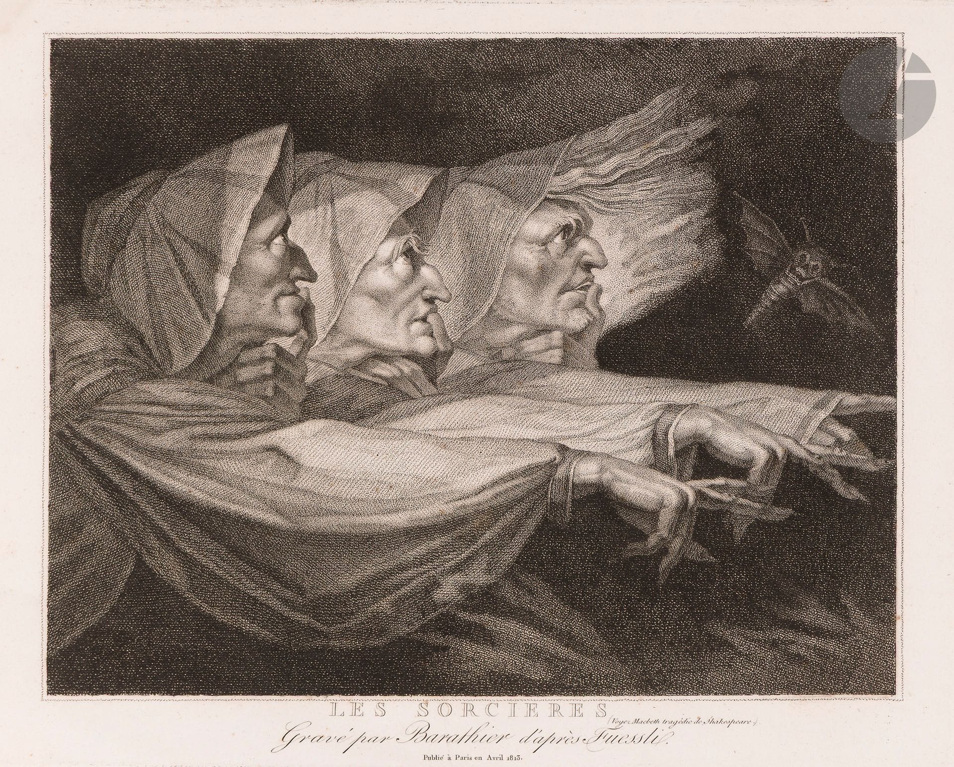 Johann Heinrich Füssli (1741-1825) (d’après)
Les Sorcières. 1813. Gravure au pointillé par Barathier d’après le tableau éponyme de 1783. 295 x 233. Très belle épreuve sur vélin blanc. Le coup de planche légèrement fracturé à droite et anciennement consolidé au verso. Très claire auréole d’humidité dans l’angle supérieur gauche. Infimes rousseurs. Courte déchirure en tête. Toutes marges. Rare. 

 Le tableau original de Füssli est conservé dans la Royal Shakespeare Collection à Stratford-upon-Avon. Le sujet est inspiré des trois sorcières de Macbeth, acte I, scène 3. Né en Suisse, Füssli est déjà pasteur depuis trois ans lorsqu’il arrive à Londres en 1764. Passionné de théâtre, il assiste à de nombreuses représentations de pièces de Shakespeare. Macbeth est l’une des pièces qui l’inspirent le plus. Outre les sorcières, qu’il peint à plusieurs reprises, il représente également Lady Macbeth en proie à la folie de la culpabilité.  Réf. : Valérie Sueur-Hermel. Fantastique  !  : l’estampe visionnaire de Goya à Redon. Cat. d’exposition, Paris, Petit Palais, 1er octobre 2015-17 janvier 2016. Paris, Bibliothèque Nationale de France, 2015, p. 183.