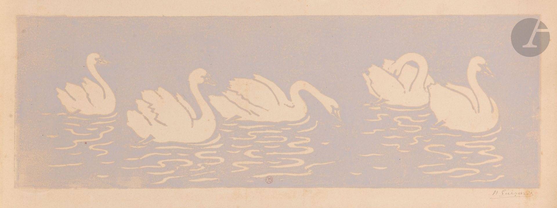 Henri Guérard (1846-1897)
Les Cygnes. Avant 1896. Bois gravé. 507 x 163. Bertin 343. Très belle épreuve tirée en bleu clair violacé sur vélin crème fort, signée au crayon et timbrée (Lugt 1157) dans le sujet en bas au centre. Minuscules cloques en surface, causées par la liquidité de l’encre. Infimes rousseurs claires. Bonnes marges réduites.