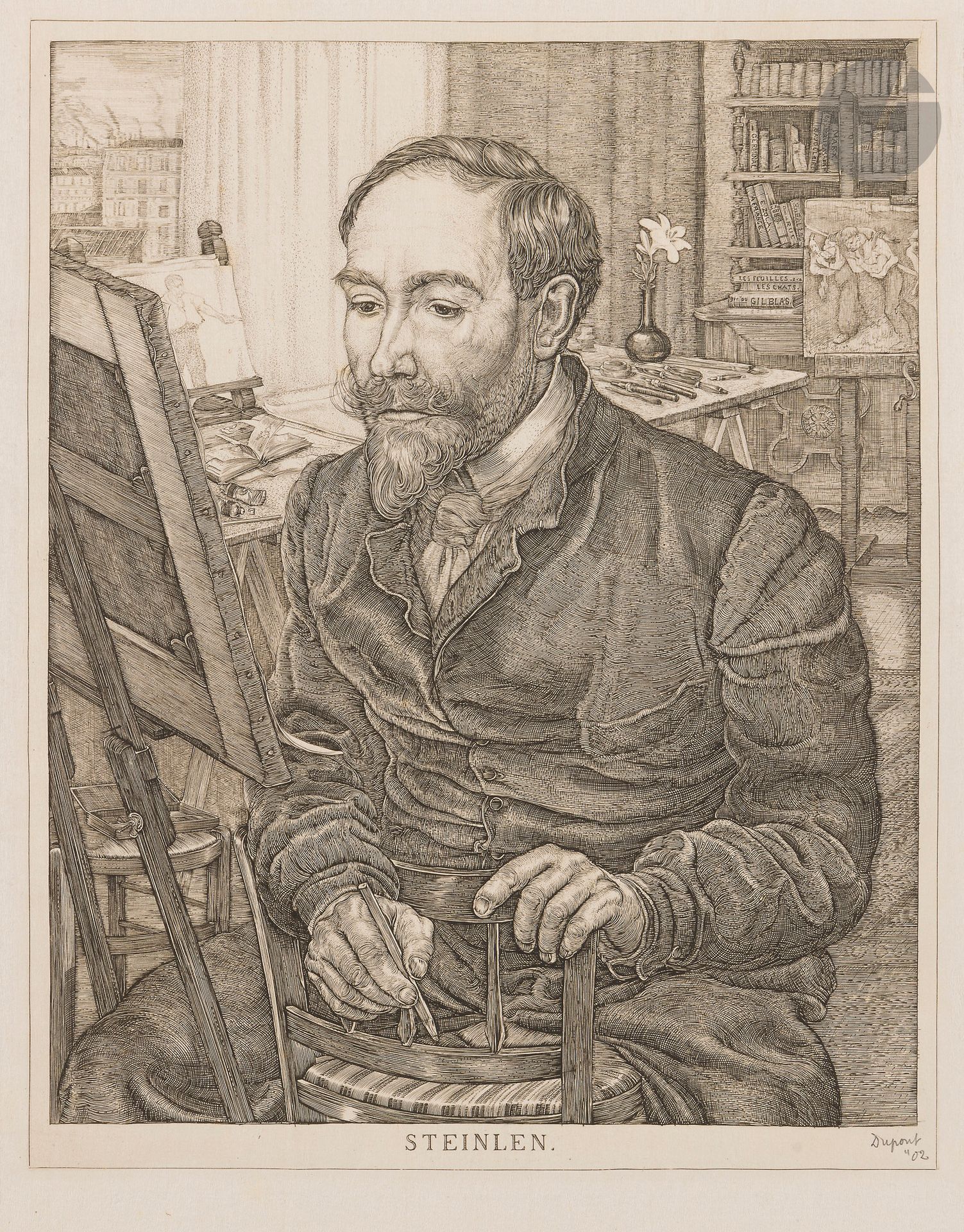 Pieter Dupont (1870-1911)
Steinlen. 1901. Burin. 245 x 305. Très belle épreuve sur japon, signée au crayon puis datée « ‘02 ». Toutes marges.  

Provenance :  Michel Romand (1929-2013), arrière-petit-fils d’Edmond Sagot (1857-1917).  Pieter Dupont (1870-1911) était un peintre, graveur et professeur d’art néerlandais. De 1896 à 1900, il séjourna à Paris, où il se perfectionna dans la gravure à l’eau-forte et rencontra Steinlen. Il vécut également à Nogent-sur-Marne (1900-1902) et à Auvers-sur-Oise (1903), avant de retourner en Hollande où il devint professeur d’arts graphiques à la Rijksakademie d’Amsterdam.
