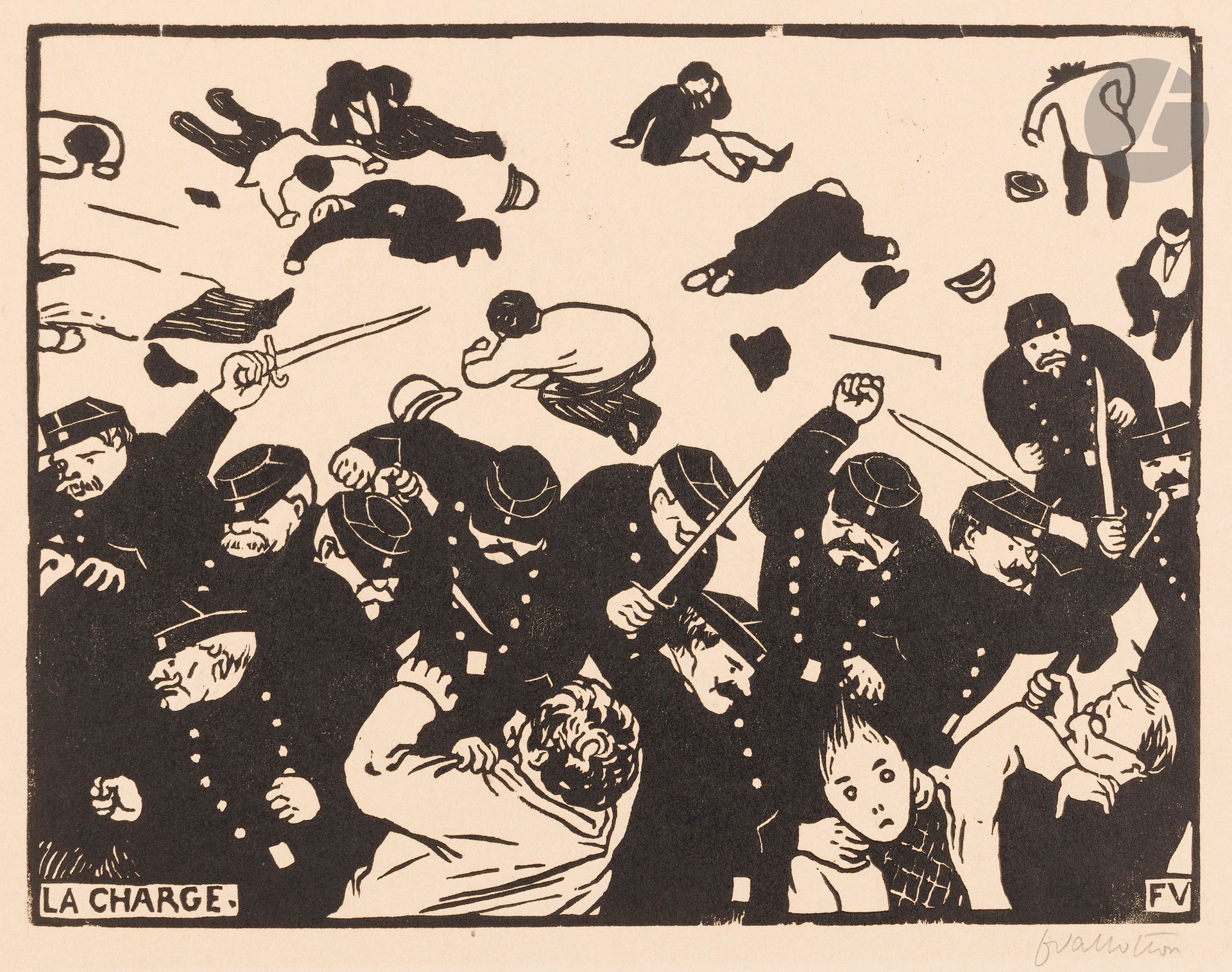 Félix Vallotton (1865-1925)
La Charge. 1893. Bois gravé. 258 x 198. Vallotton et Goerg 128 a. Très belle et rare épreuve sur vélin mince ivoire, signée au crayon. Infime trace d’oxydation à l’ouverture du montage. Petites traces de plis aux bords. Toutes marges.  

Provenance :  Michel Romand (1929-2013), arrière-petit-fils d’Edmond Sagot (1857-1917).